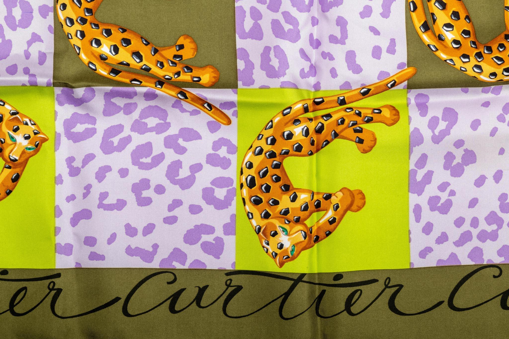 Cartier Paris 100% silk scarf with jaguar iconic design. Small size. Comes with original box.