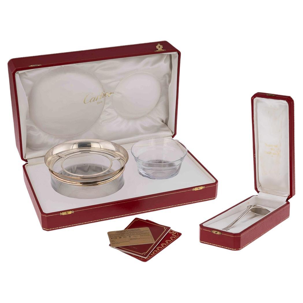 Cartier Solid Silver & Glass Caviar Bowl & Serving Spoon Set, с.1990 For Sale