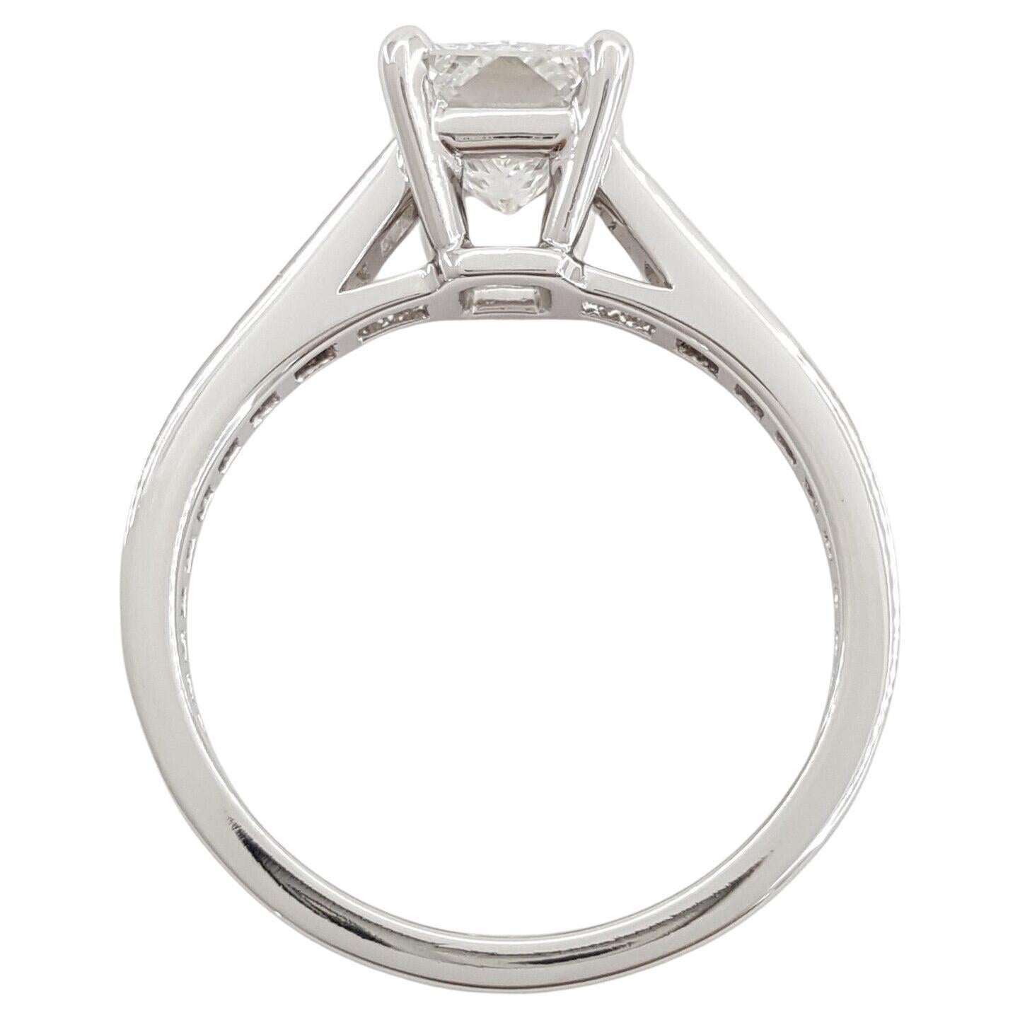 This is a Cartier Solitaire 1895 Platinum Rectangular Radiant Brilliant Cut Diamond Engagement Ring, weighing 5.5 grams and sized at 5.25 (French 50). The centerpiece is a remarkable 2.06 ct Natural Rectangular Radiant Cut diamond with a grade of F