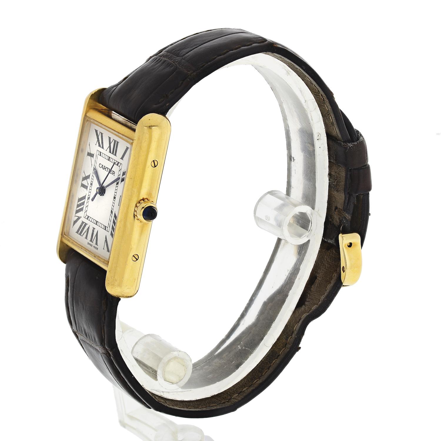 Tank is a legend. Designed by Louis Cartier in 1916, the legendary Tank watch is an icon of modern watchmaking. 

Quartz Movement.
Case 25mm
Wrist Fit: 8 inches
Water-Resistant