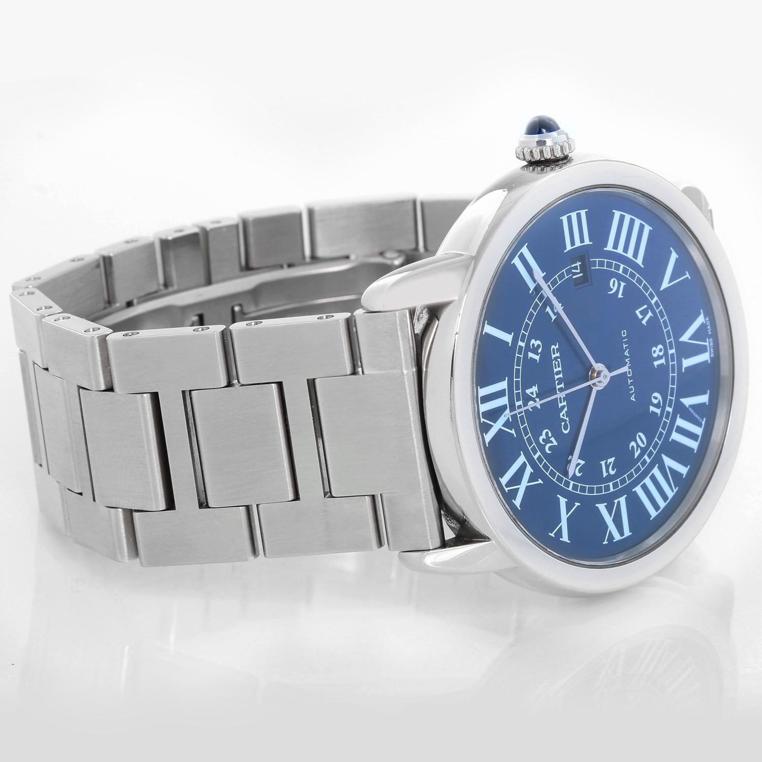 Cartier Solo Ronde  42mm Stainless Steel Quartz Watch WSRN0023 3802 - Automatic. Stainless steel case (42mm diameter). Blue dial with Roman numerals. Stainless steel Cartier bracelet; will fit a 7 inch wrist. Pre-owned with custom box.