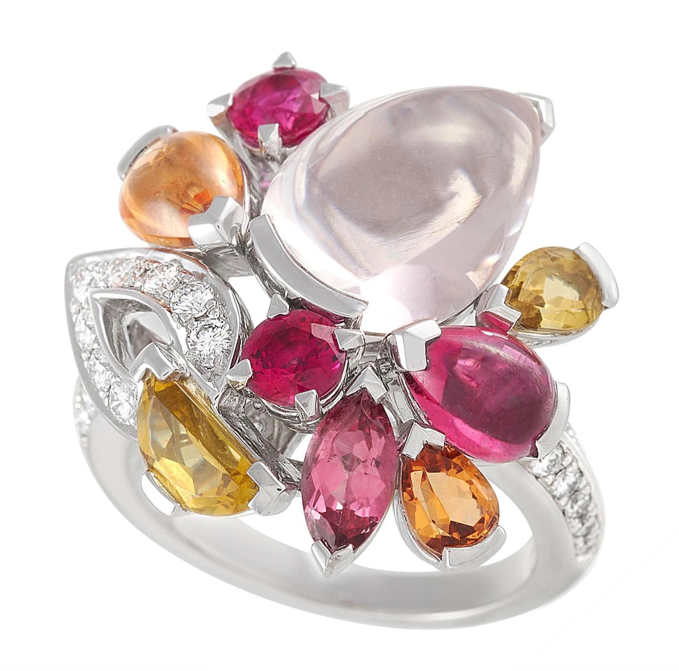 Cartier Sorbet Multi-Gemstone dangle earring and cocktail ring set with pear-shaped rose quartz, rubies, yellow sapphires, pink tourmalines, orange garnets and small round brilliant diamonds. The set is crafted in 18 karat white gold and signed