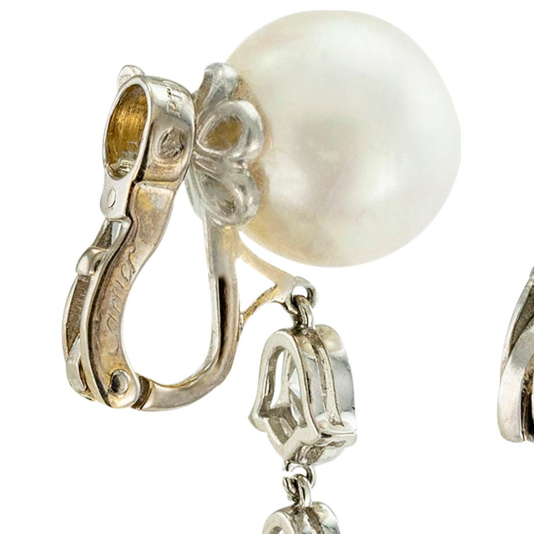 Cartier South Sea Pearl Diamond Platinum Drop Earrings In Good Condition For Sale In Los Angeles, CA