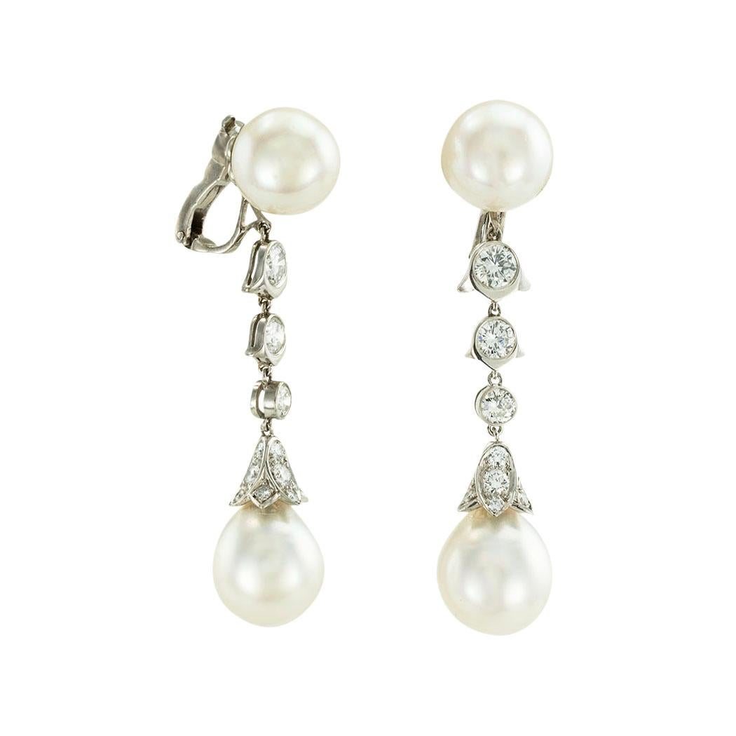 Women's Cartier South Sea Pearl Diamond Platinum Drop Earrings For Sale