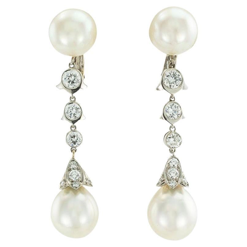 Cartier South Sea Pearl Diamond Platinum Drop Earrings For Sale