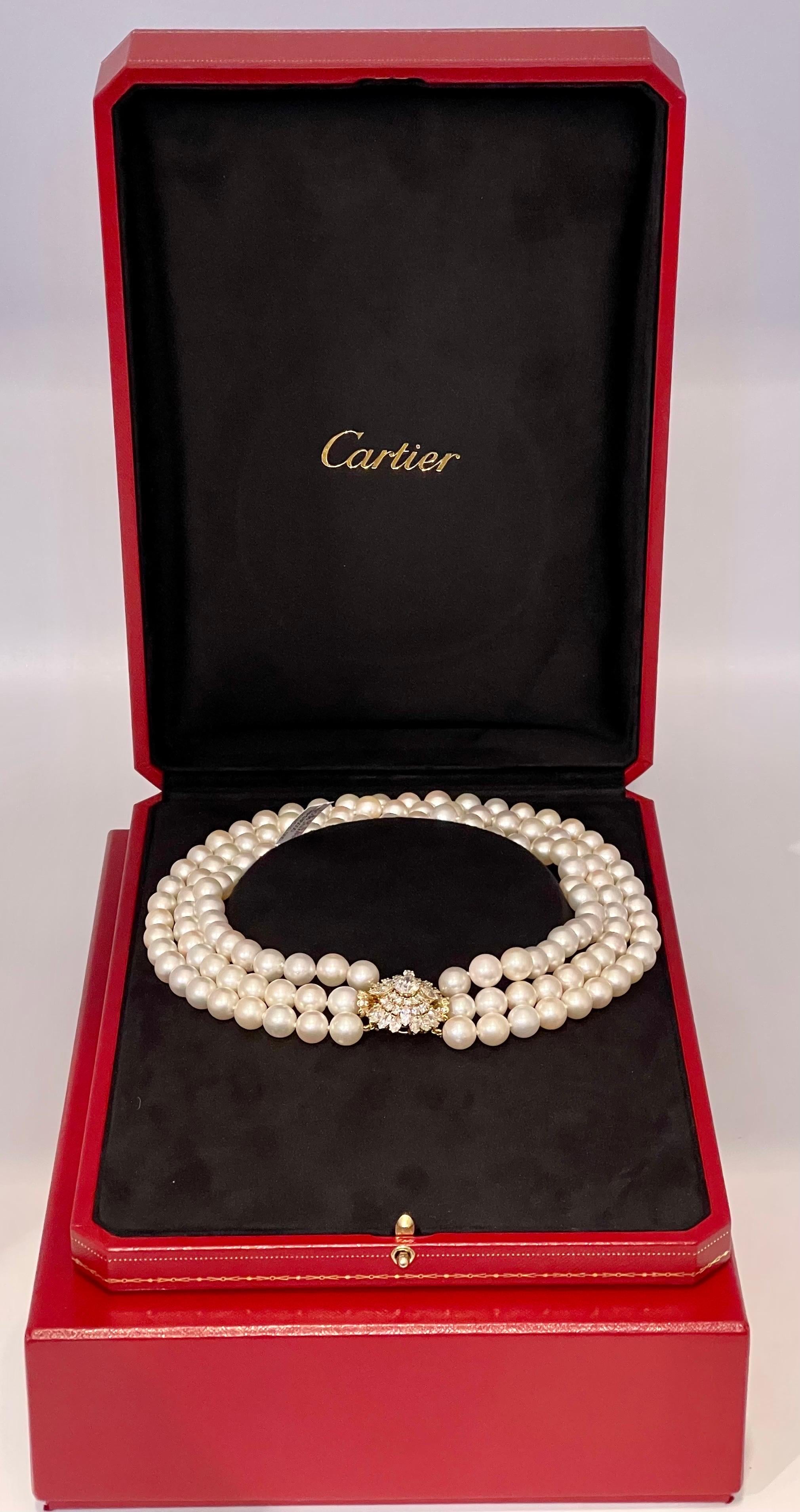 Cartier South Sea Three Layer Pearl Necklace with 1.6 Ct Solitaire Diamond Clasp 4
