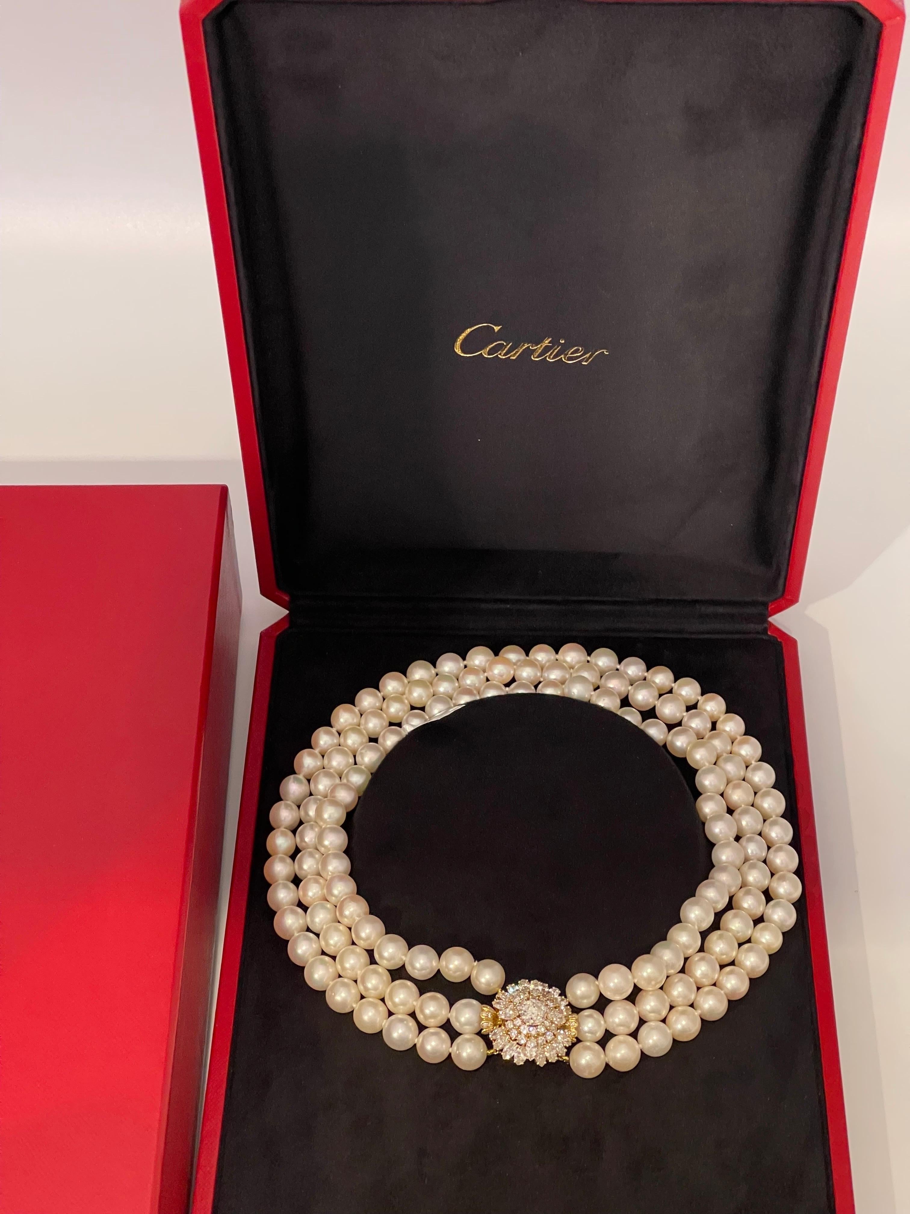 Cartier South Sea Three Layer Pearl Necklace with 1.6 Ct Solitaire Diamond Clasp 5
