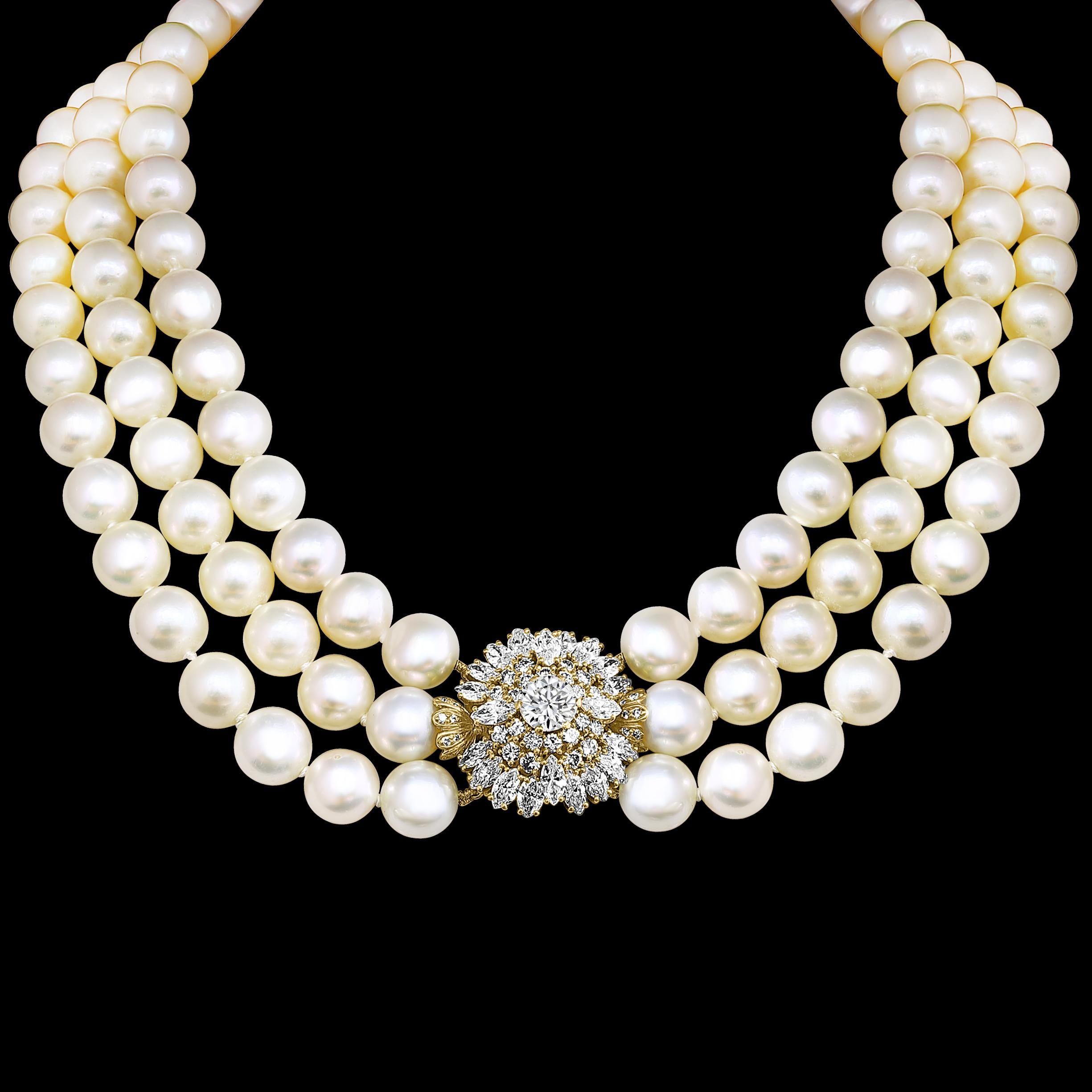Cartier South Sea Three Layer Pearl Necklace with 1.6 Ct Solitaire Diamond Clasp 6