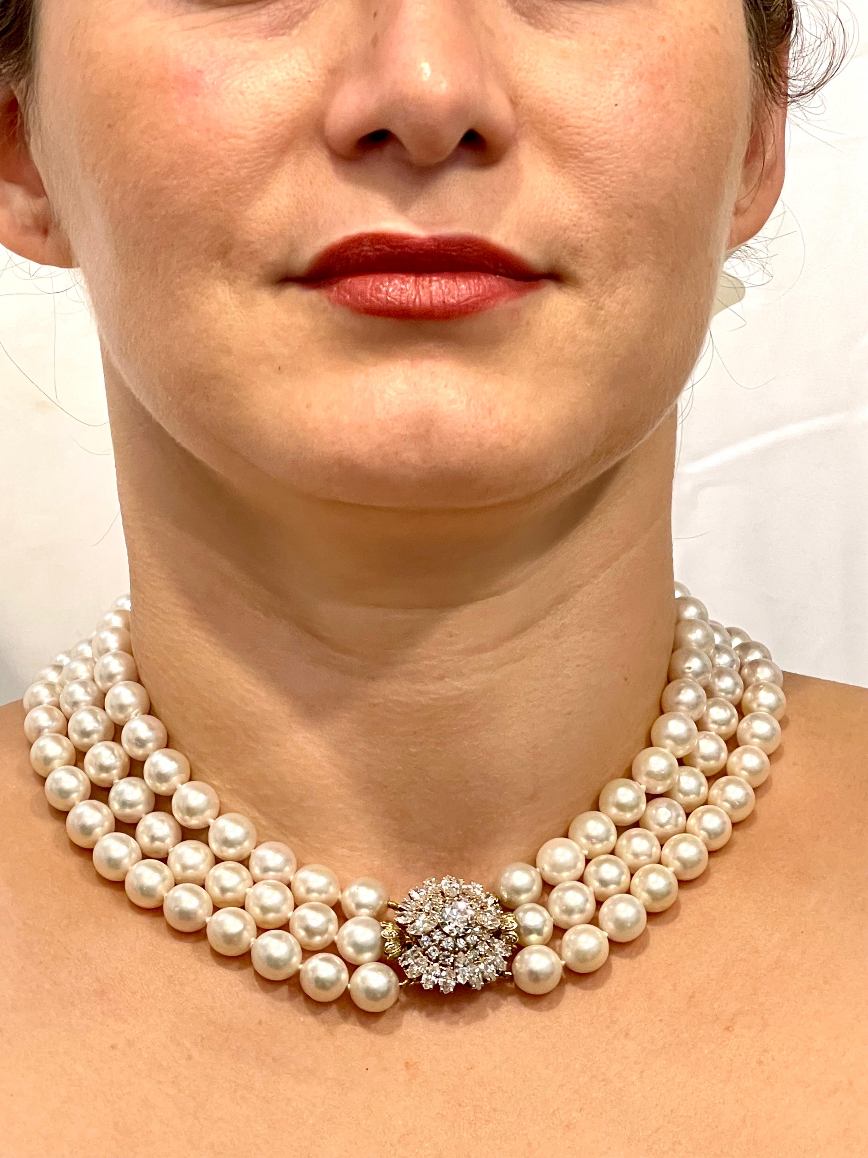 Cartier South Sea Three Layer Pearl Necklace with 1.6 Ct Solitaire Diamond Clasp 7