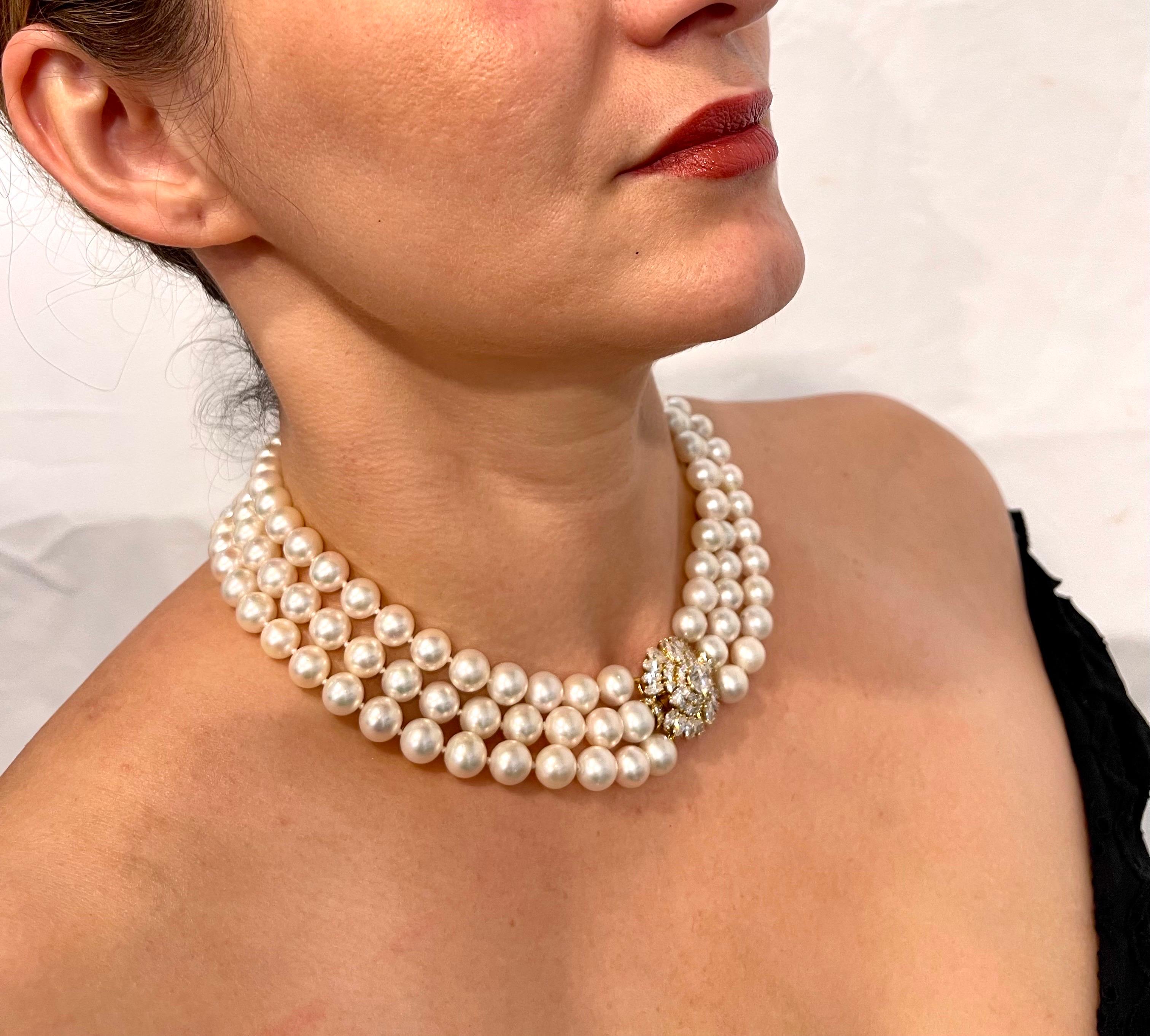 Cartier South Sea Three Layer Pearl Necklace with 1.6 Ct Solitaire Diamond Clasp 8