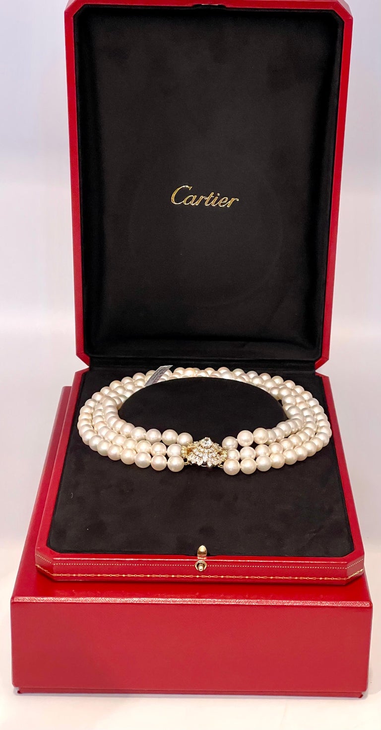Women's Cartier South Sea Three Layer Pearl Necklace with 1.6 Ct Solitaire Diamond Clasp For Sale