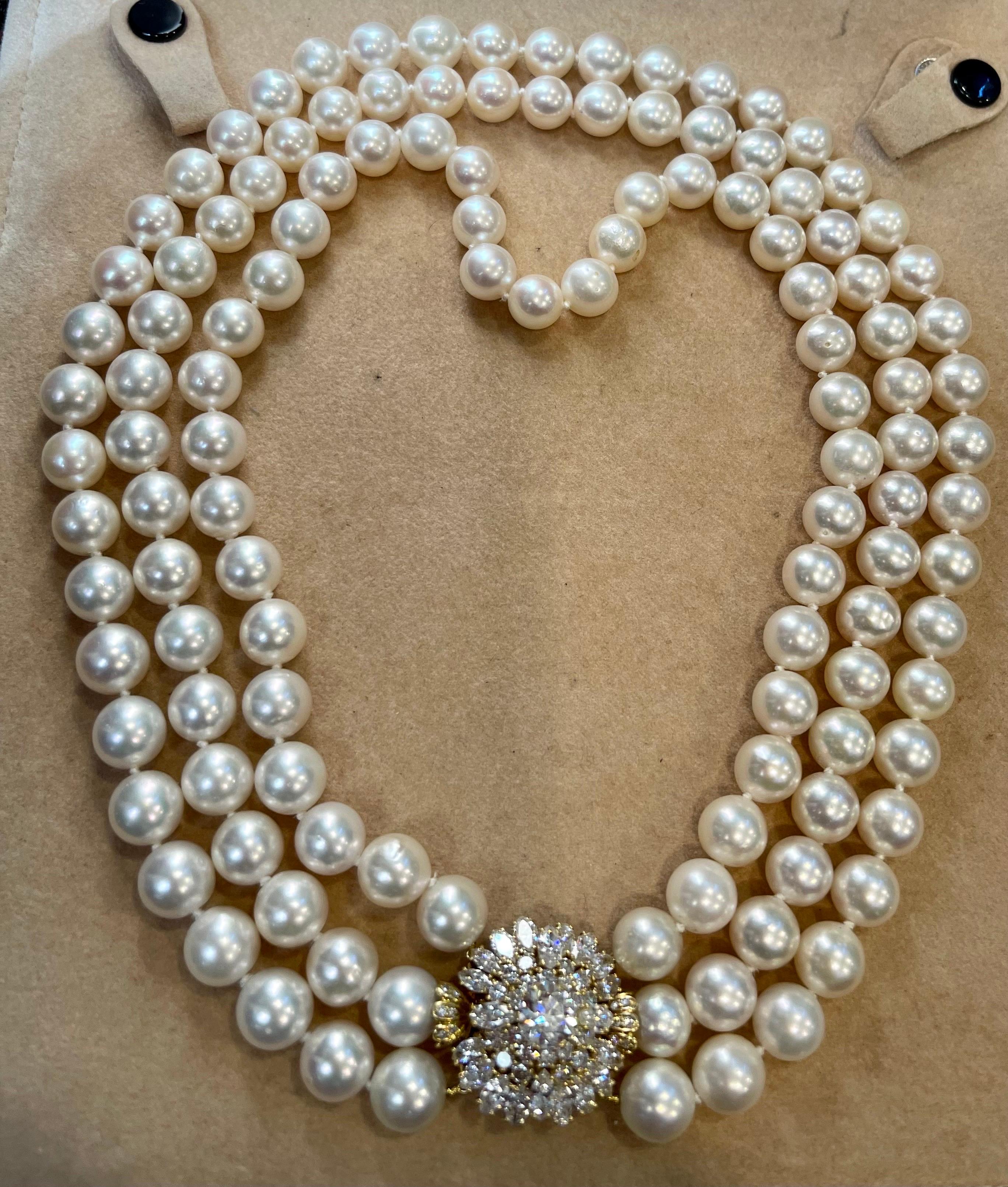 Round Cut Cartier South Sea Three Layer Pearl Necklace with 1.6 Ct Solitaire Diamond Clasp