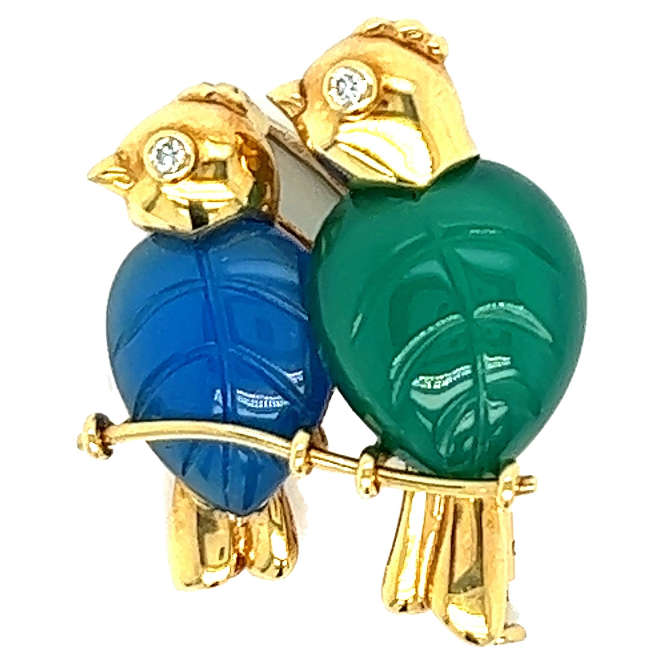 Cartier sparrow brooch

A pair of perching birds formed from carved blue and green chalcedony  (13 x 10.5 mm and 14 x 11 mm) with two brilliant-cut diamonds for the eyes (0.05 carat); marked Cartier 1991, 18k, B53023 

SIze: width 2.3 cm, length 2.9