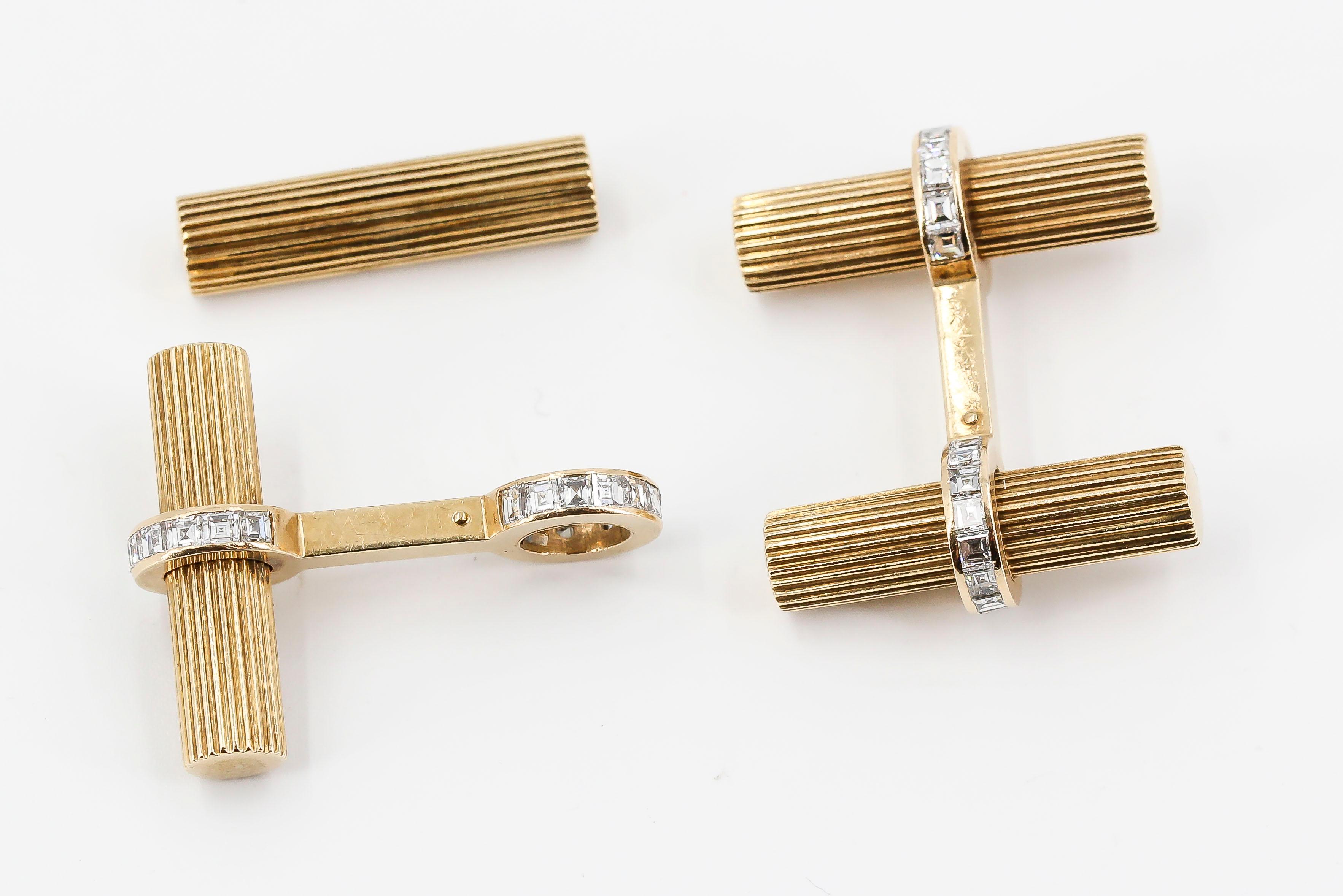 Cartier Square Cut Diamond and 14 Karat Gold Bar Cufflinks and Tie Bar Set 4