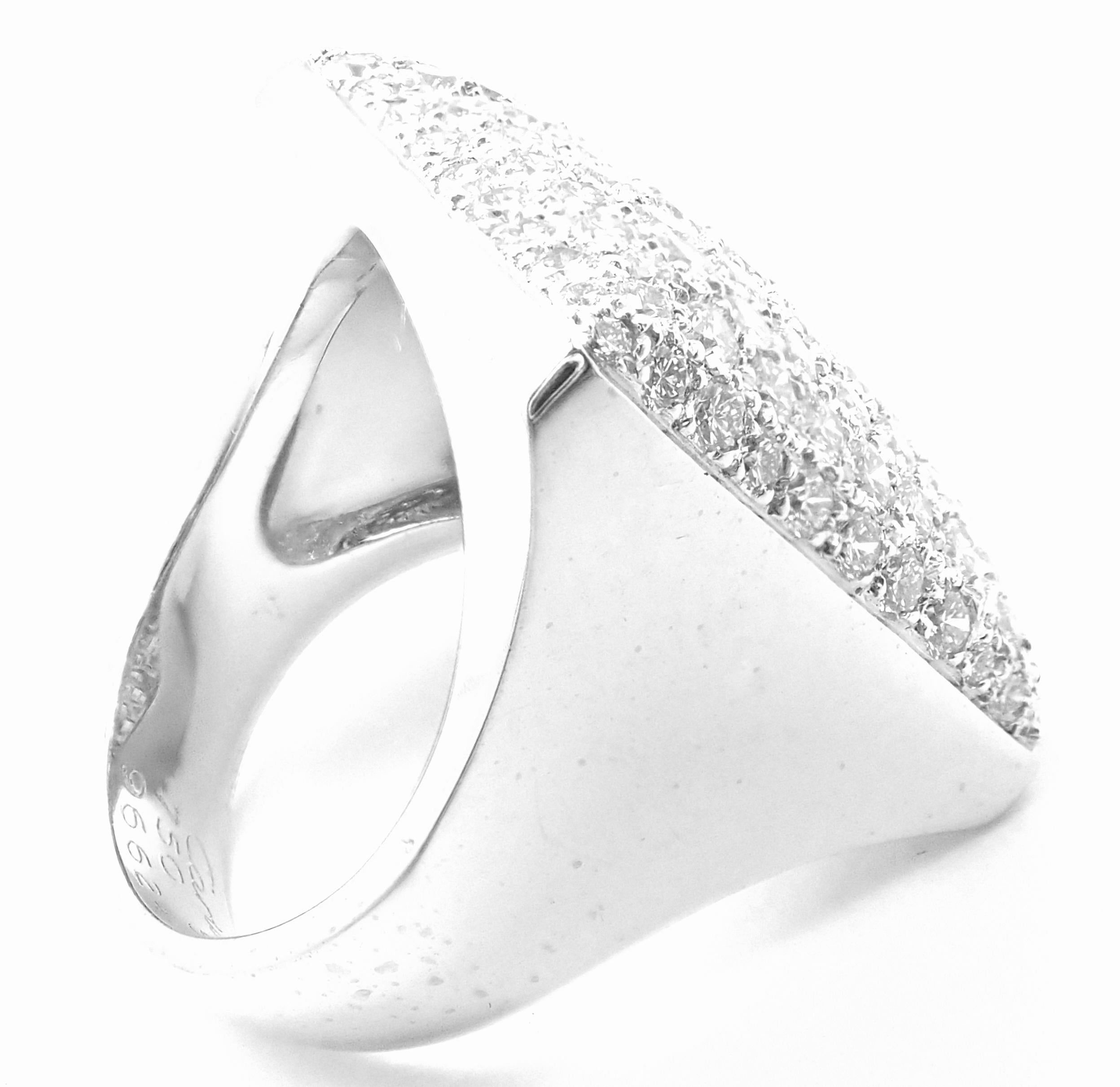 18k White Gold Diamond Square Pave Diamond Large Ring by Cartier.  
This ring comes with a Cartier box.
With Round brilliant cut diamonds VVS1 clarity, E color total weight approximately 3.5ct
Details: 
Ring Size: European 53 US 6.25
Weight:  16.4