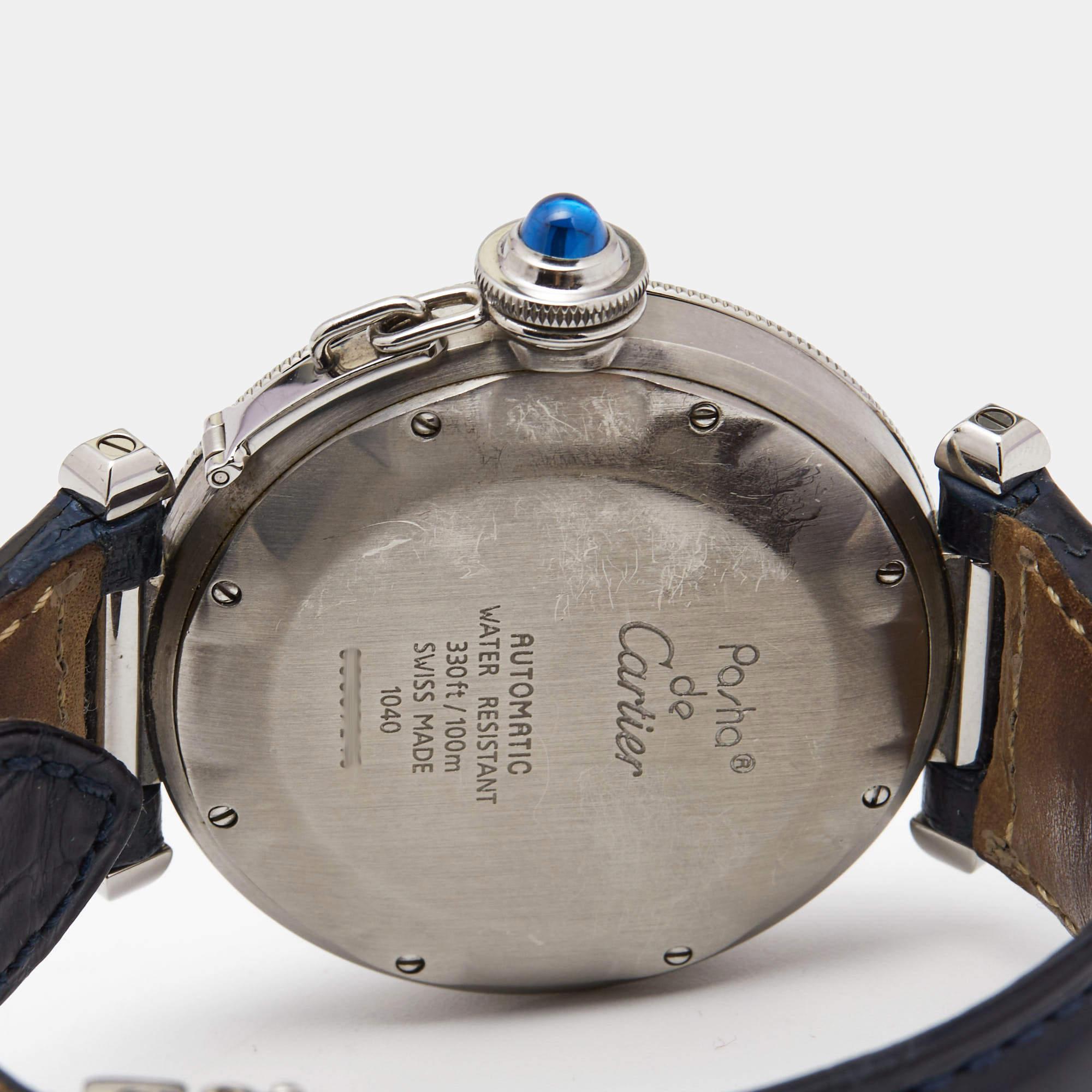 Contemporary Cartier Stainless Leather Pasha de Cartier Automatic Men's Wristwatch 38 mm