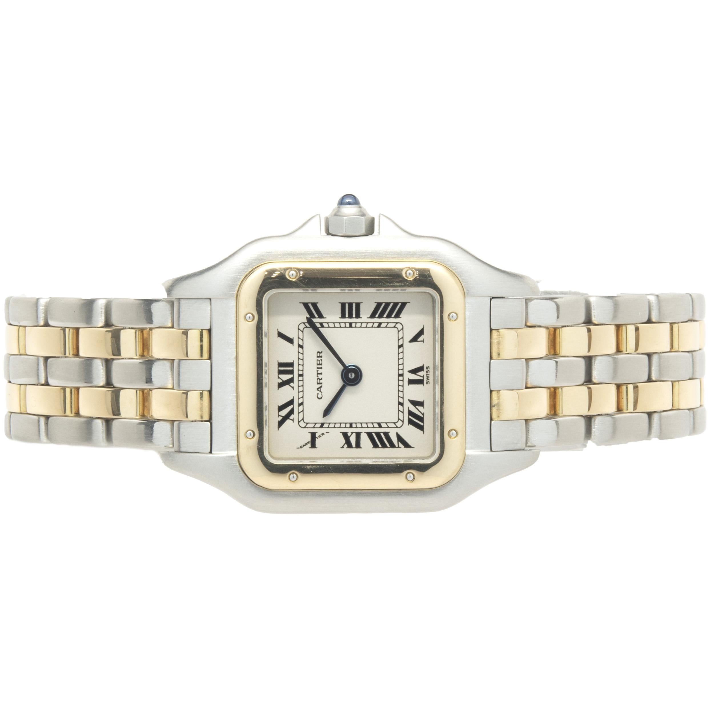 Movement: quartz
Function: hours, minutes
Case: 30 x 22mm stainless steel case, 18K yellow gold screw bezel, push pull crown, sapphire crystal
Dial: white roman dial, steel sword sweeping hands
Band: Cartier stainless steel & 18K yellow gold panther