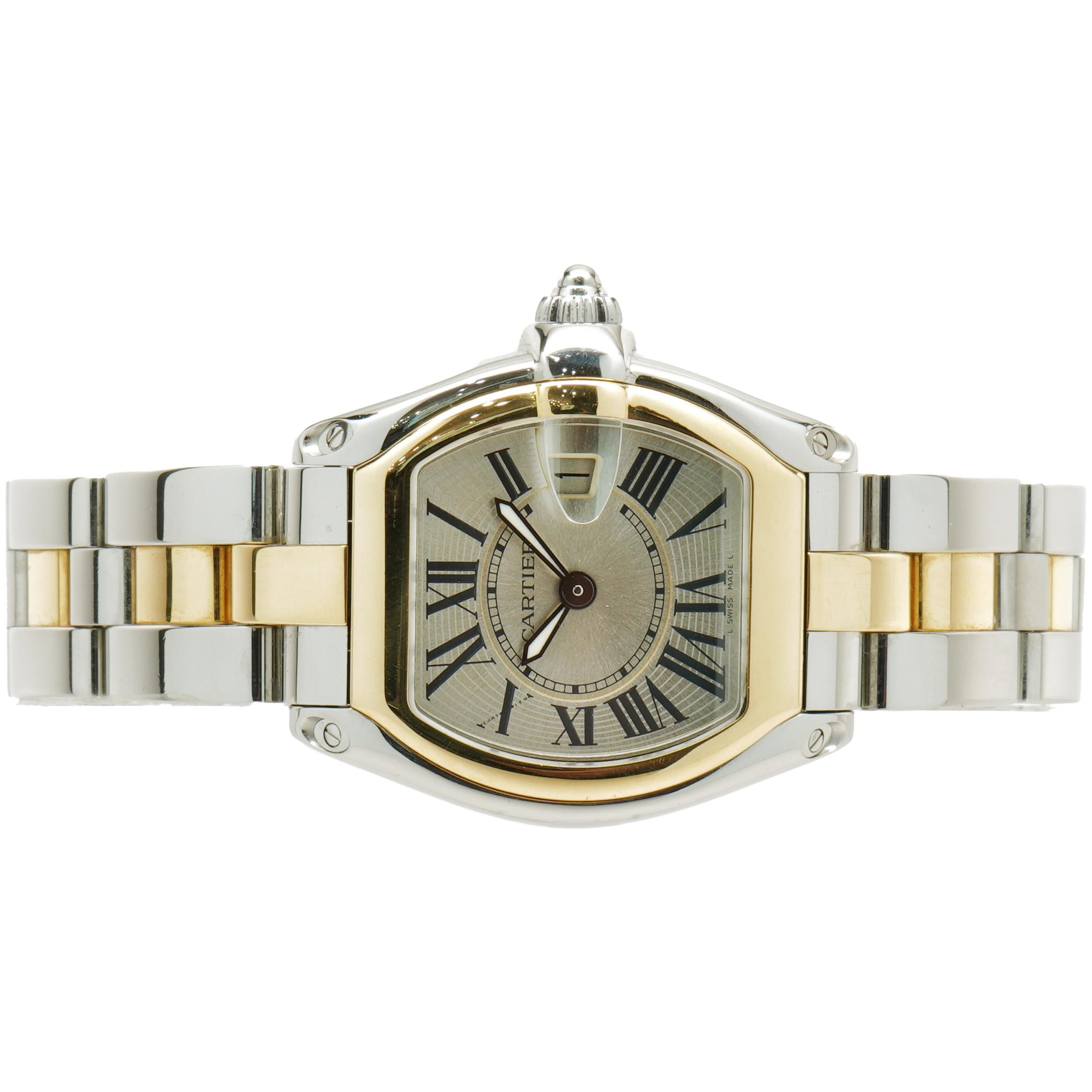 Movement: automatic
Function: hours, minutes, seconds, date
Case: 36 x 30mm stainless steel case, 18K yellow gold smooth bezel 
Dial: white roman dial
Band: Cartier stainless steel & 18K yellow gold roadster link bracelet, integrated clasp
Serial #: