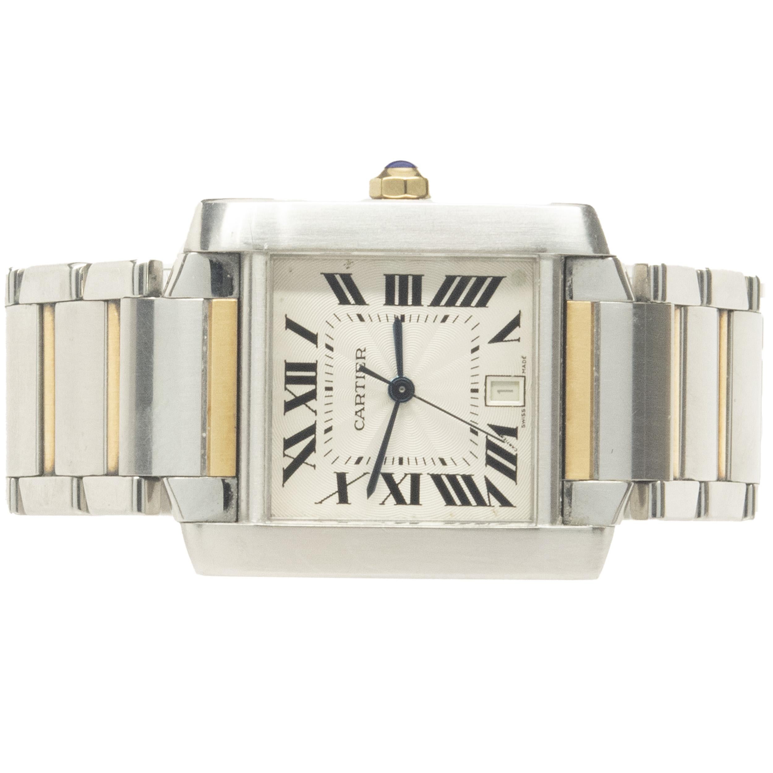 Movement: automatic
Function: hours, minutes, seconds, date
Case: 30 x 25mm rectangular case, smooth bezel, push pull crown, sapphire crystal
Dial: white roman dial, steel sword sweeping hands
Band: Cartier 18K yellow gold and steel tank bracelet,