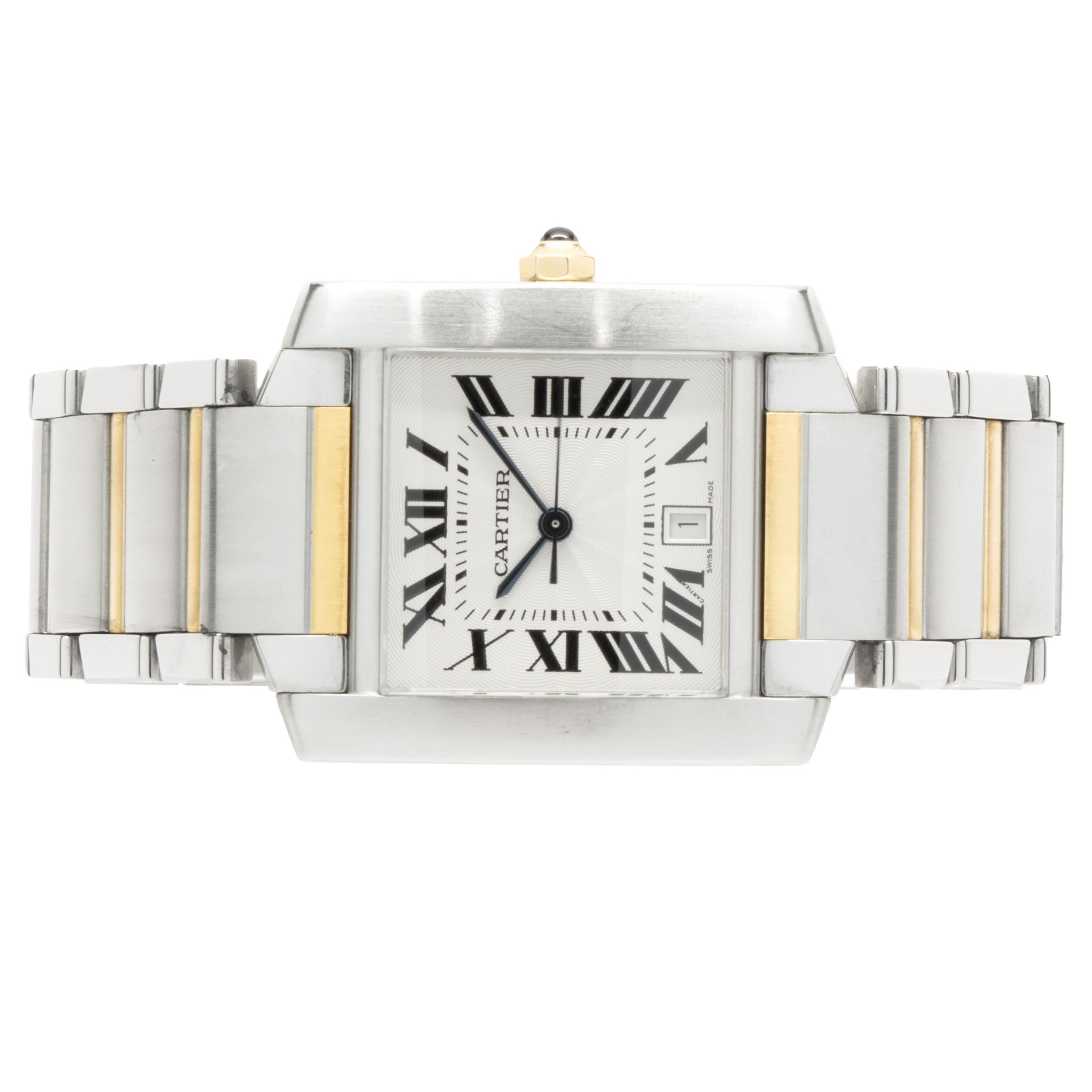 Movement: automatic
Function: hours, minutes, seconds, date
Case: 30 x 25mm rectangular case, smooth bezel, push pull crown, sapphire crystal
Dial: white roman dial, steel sword sweeping hands
Band: Cartier 18K yellow gold and steel tank bracelet,
