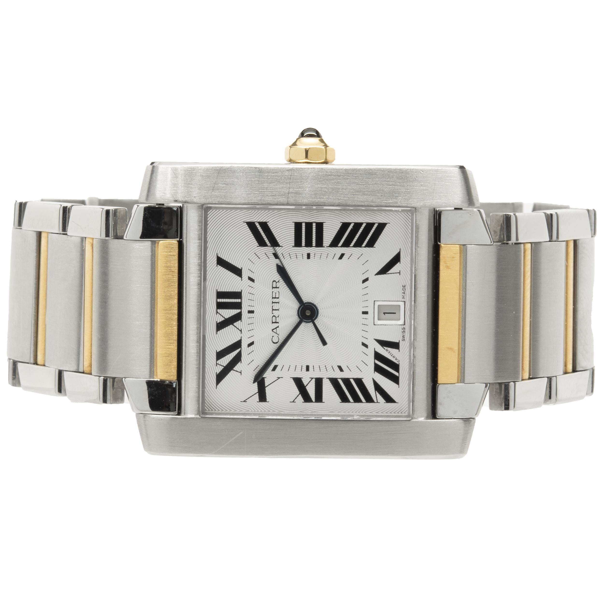 Movement: quartz
Function: hours, minutes, seconds, date
Case: 33 x 28mm stainless steel, push pull crown, sapphire crystal, smooth bezel
Dial: white roman dial, steel sword sweeping hands
Band: Cartier stainless steel and 18K yellow gold bracelet,
