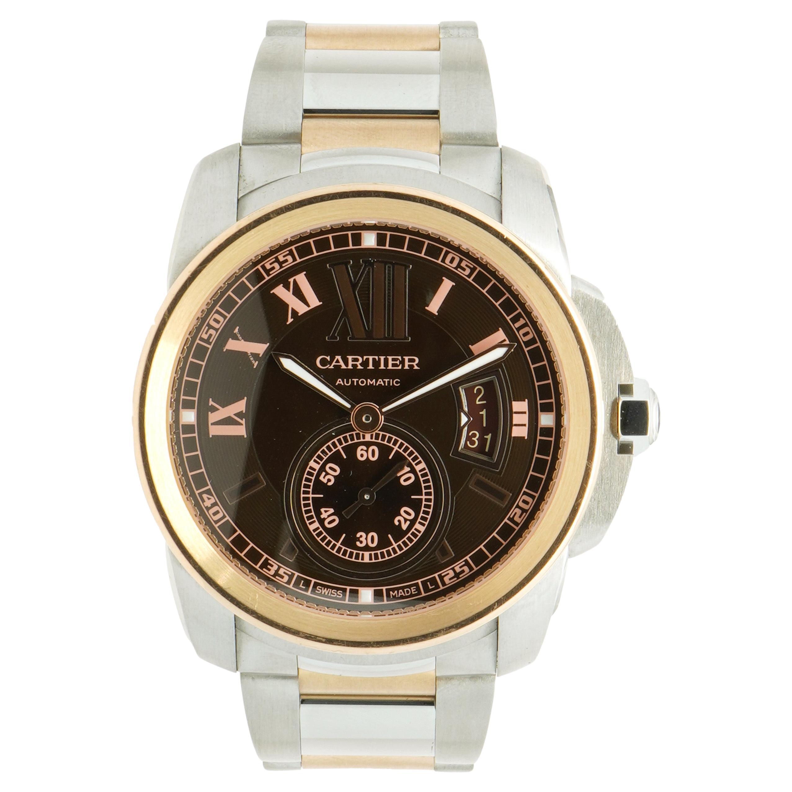 Cartier Stainless Steel and 18k Rose Gold Calibre Brown Dial 42mm For Sale