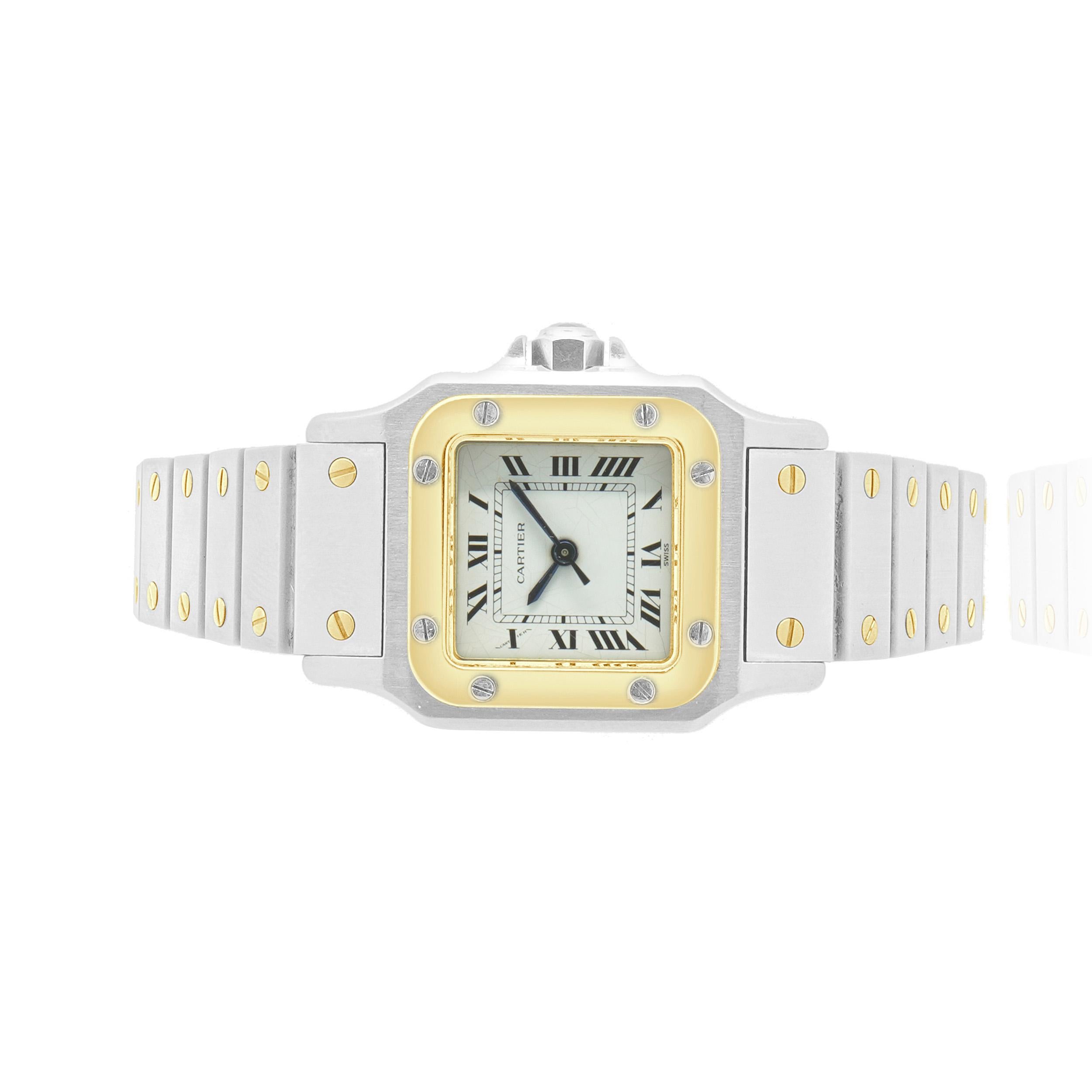 Movement: automatic
Function: hours, minutes, seconds
Case: 24mm stainless steel and 18k yellow gold square case
Dial: white roman
Band: stainless steel
Serial #: 090220XXX
Reference: Santos

Complete with box and papers.
Guaranteed to be authentic