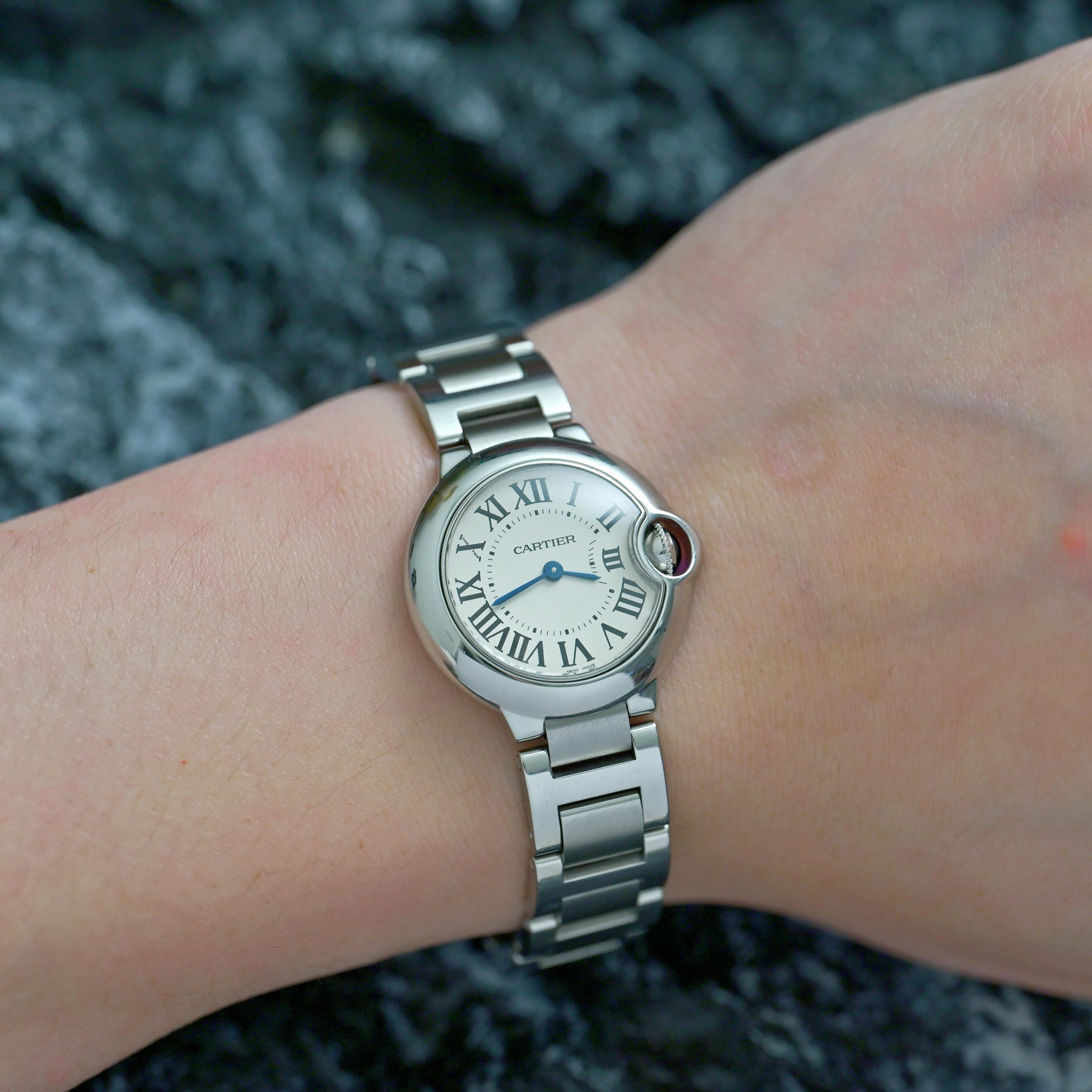 Cartier Stainless Steel Ballon Bleu De 28mm Quartz 3009 with Cartier Service Pap For Sale 6