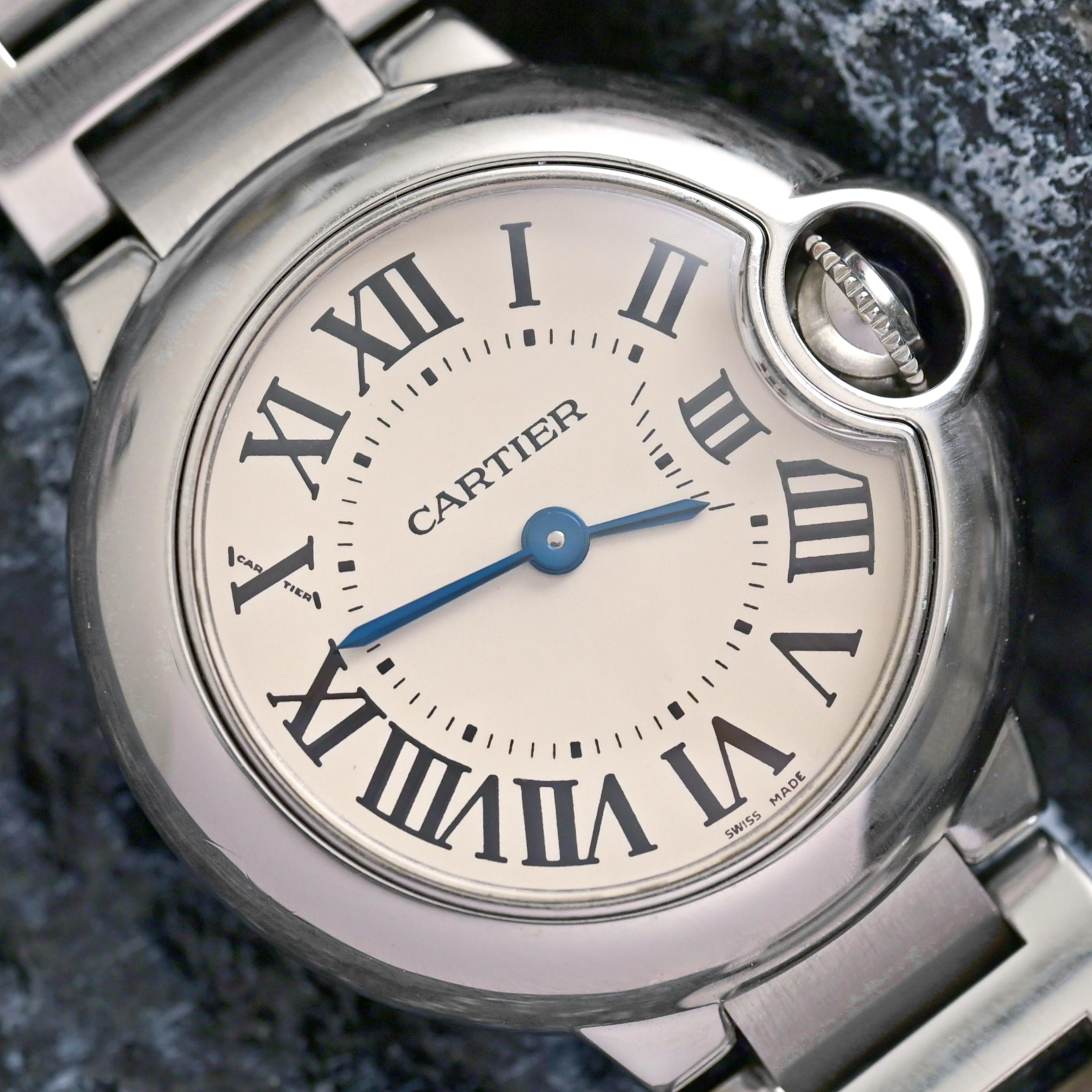Cartier Stainless Steel Ballon Bleu De 28mm Quartz 3009 with Cartier Service Pap For Sale 1