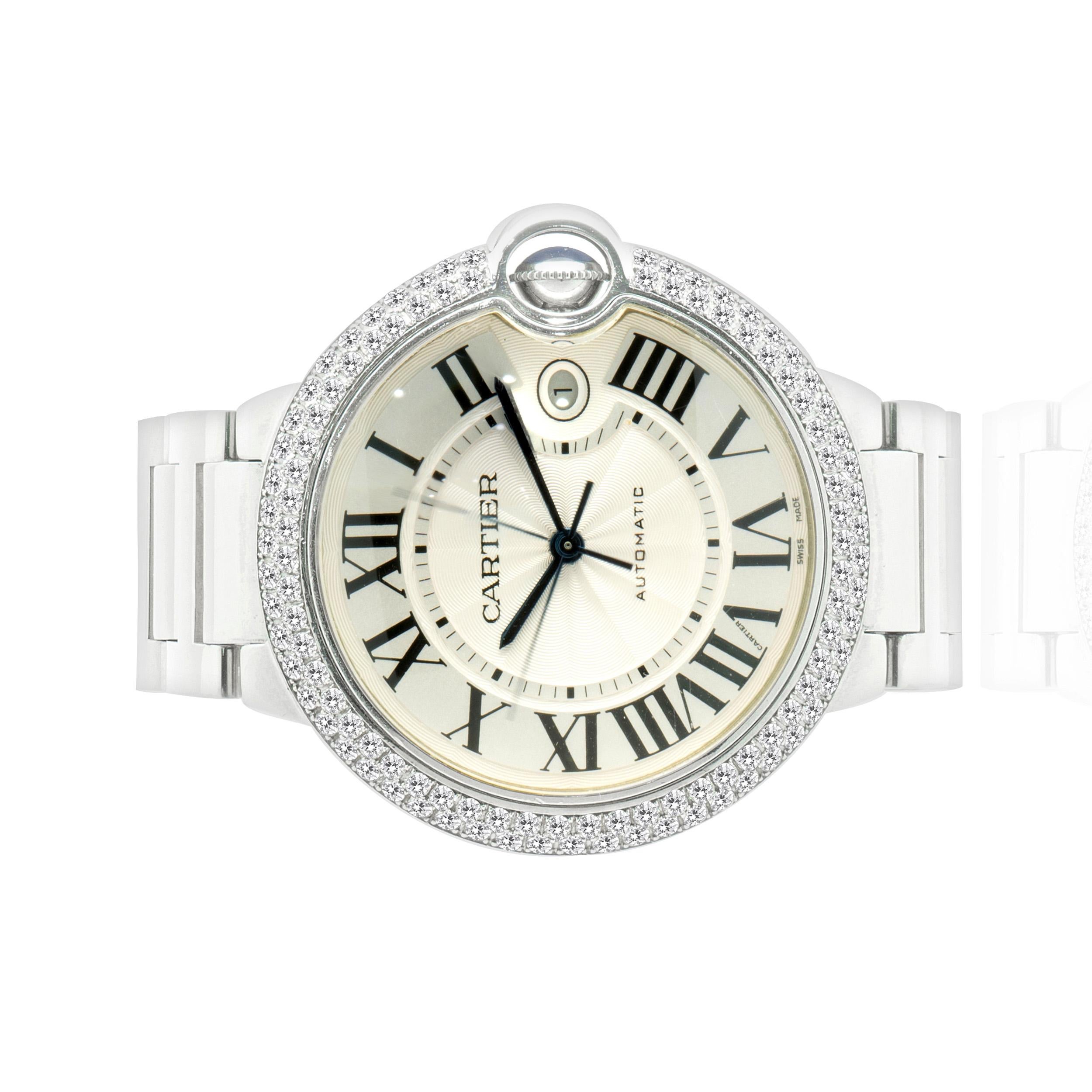 Movement: automatic
Function: hours, minutes, seconds, date
Case: 40mm stainless steel case, custom set pave diamond bezel, push pull crown, sapphire crystal
Dial: white roman dial, steel sword sweeping hands
Band: Cartier stainless steel ballon
