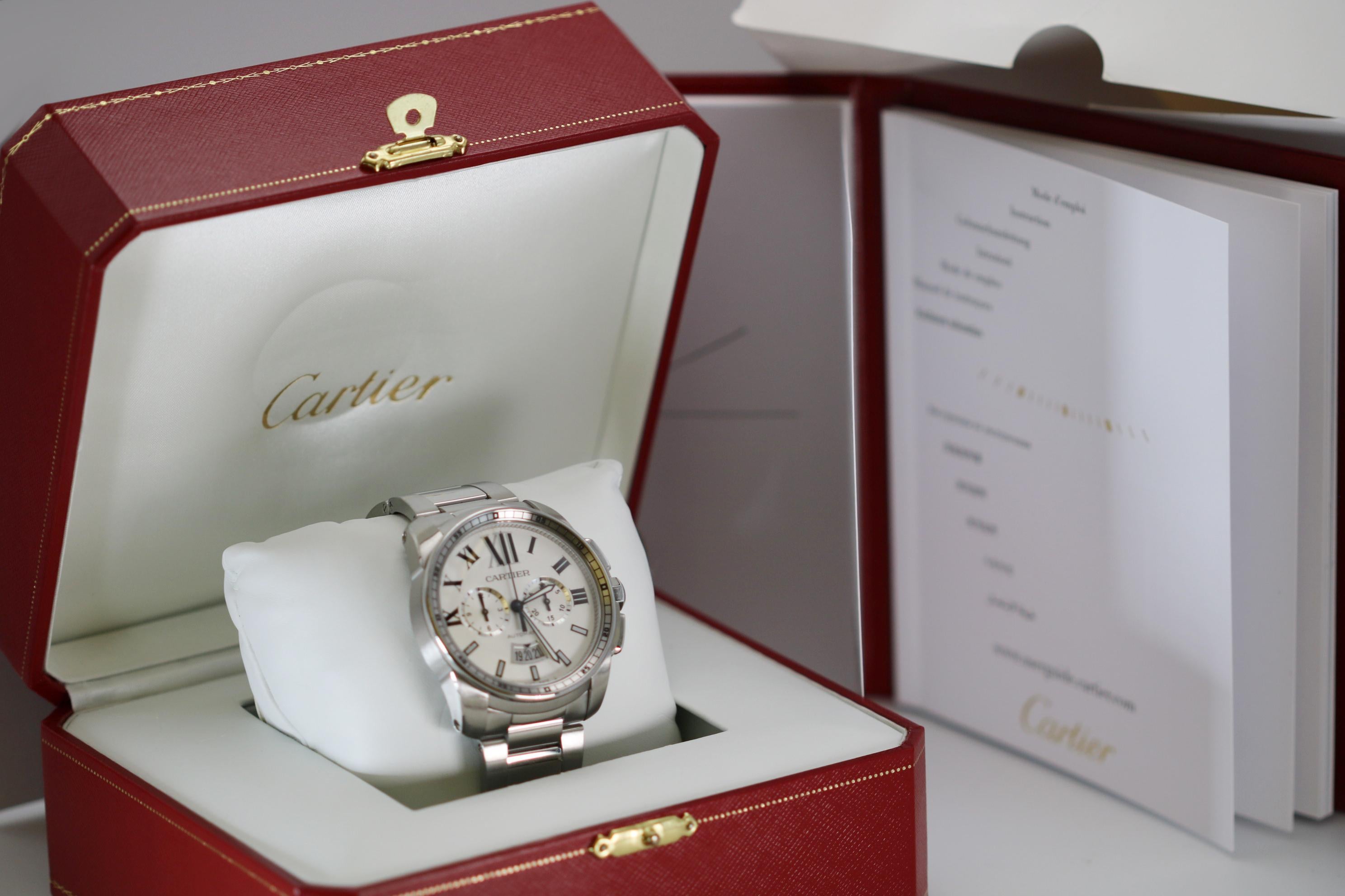 Cartier Stainless Steel Calibre de Cartier Chronograph Ref W7100045 circa 2010
Movement: Automatic caliber 1904/CH MC, 35-Jewel
Dial: Silver with silver tracking & registers
Comes with: box and papers
Size: 42mm
Circa: 2010s




