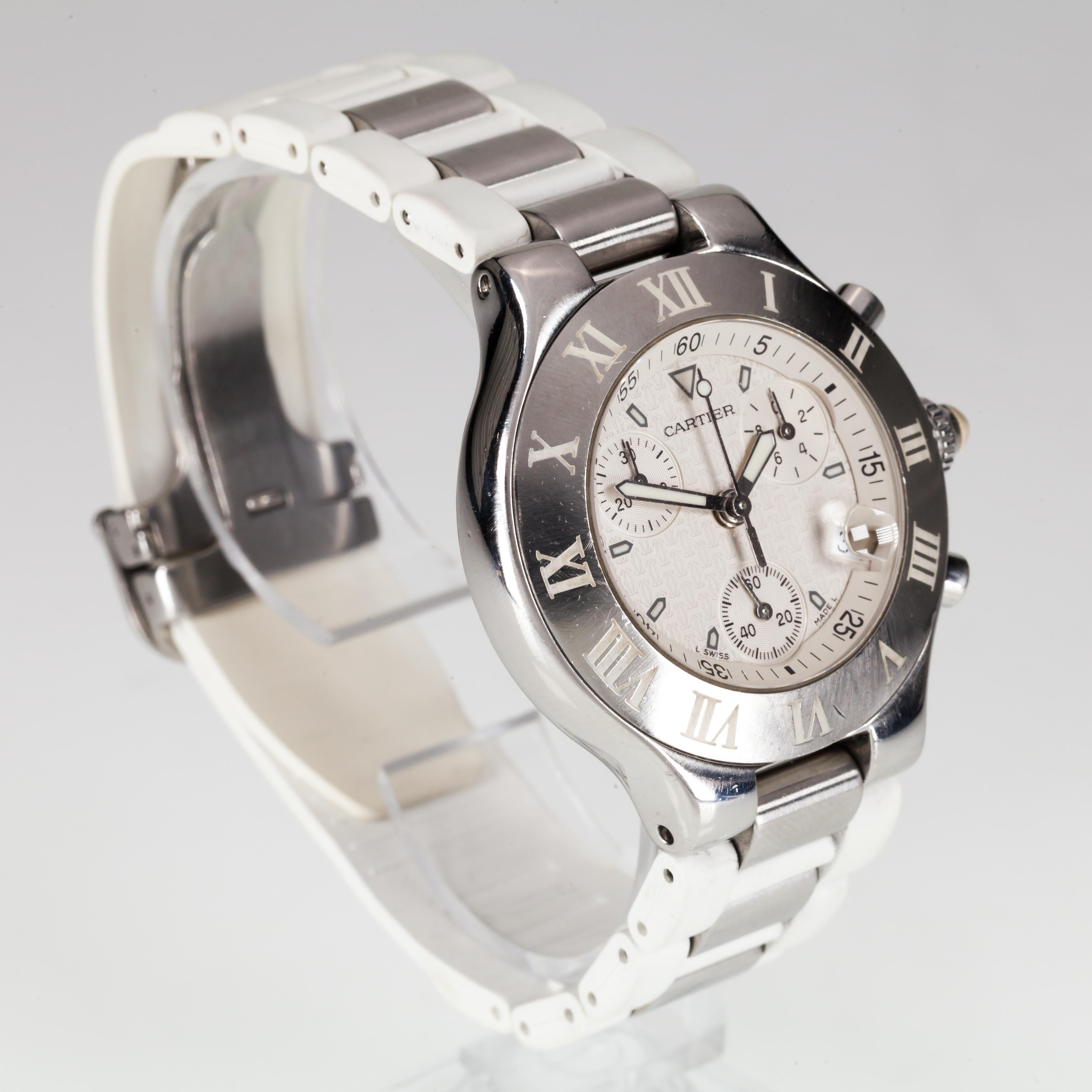 Cartier Stainless Steel Chronoscaph Quartz Watch with White Band, 2424 In Good Condition For Sale In Sherman Oaks, CA