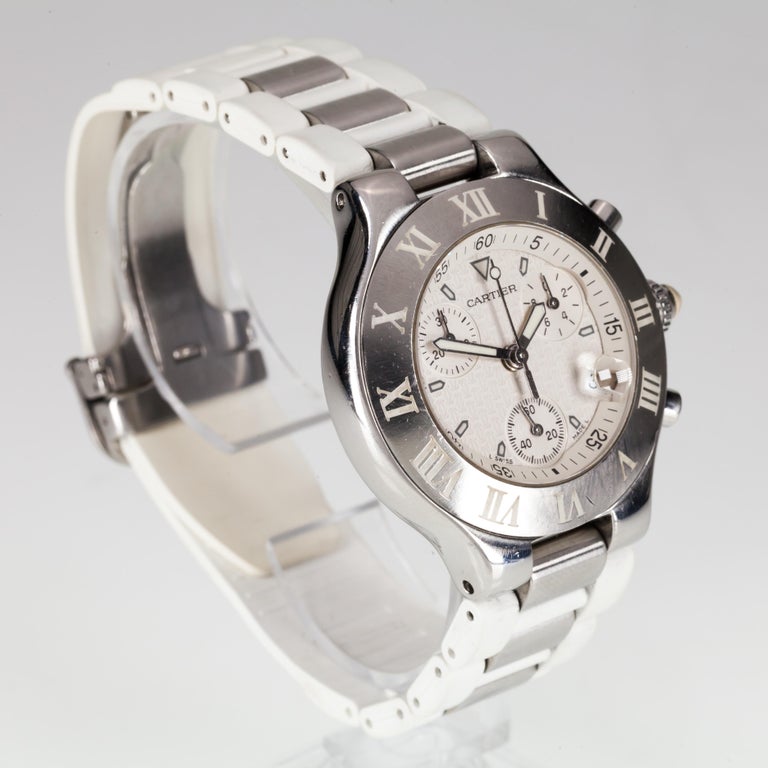 Cartier Stainless Steel Chronoscaph Quartz Watch with White Band, 2424