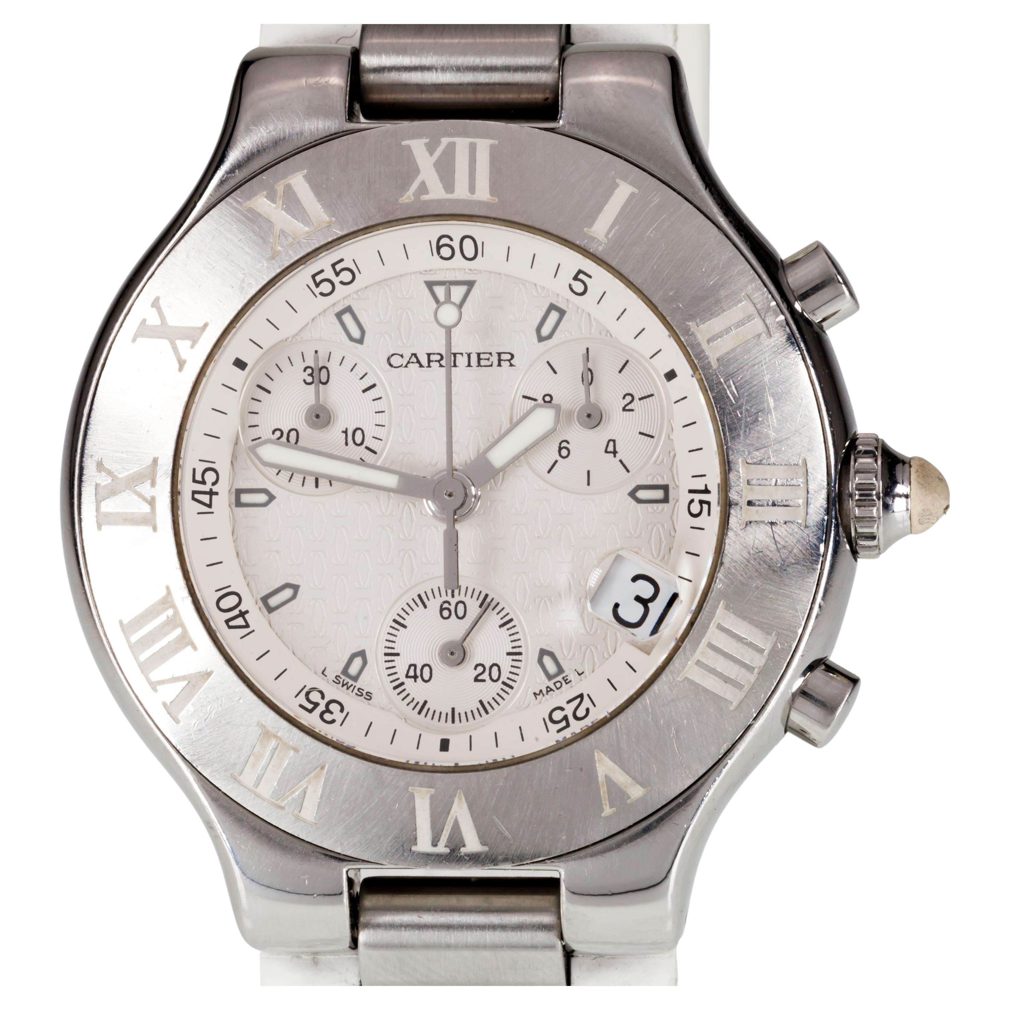 Cartier Stainless Steel Chronoscaph Quartz Watch with White Band, 2424 For Sale