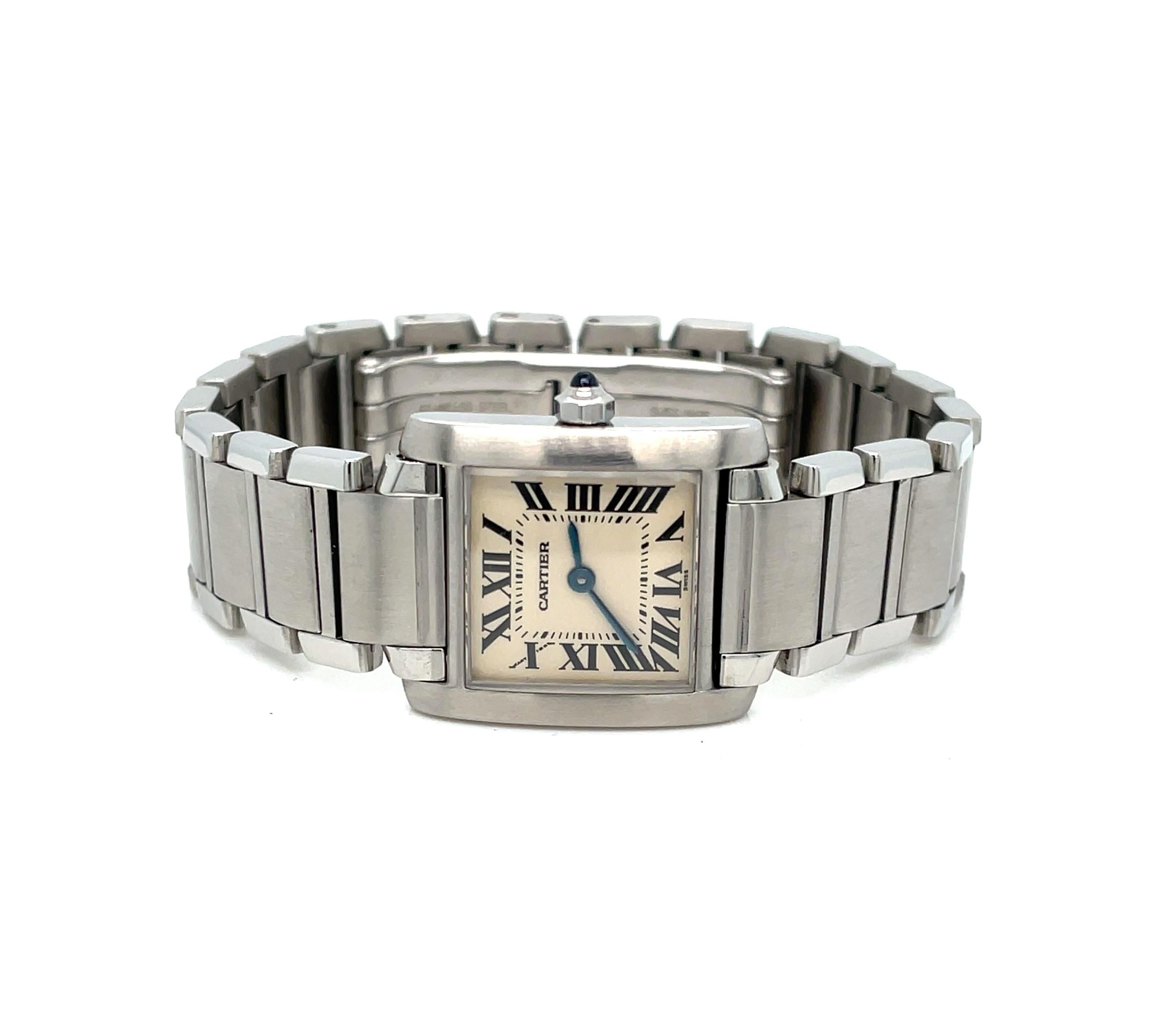 A very popular classic timepiece and iconic model from the renowned Cartier Tank Collection, the Francaise model 2300 is known for its elegant, timeless design and universal function. The watch case style is similar to the original Tank watch design