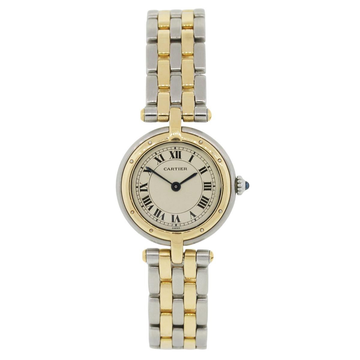 Brand: Cartier
MPN: 17736
Model: Cougar Vendome
Case Material: Stainless steel
Case Diameter: 23mm
Crystal: Sapphire
Bezel: 18k yellow gold bezel
Dial: White roman dial
Bracelet: Stainless steel and 18k yellow gold
Size: Will fit a 6.75″