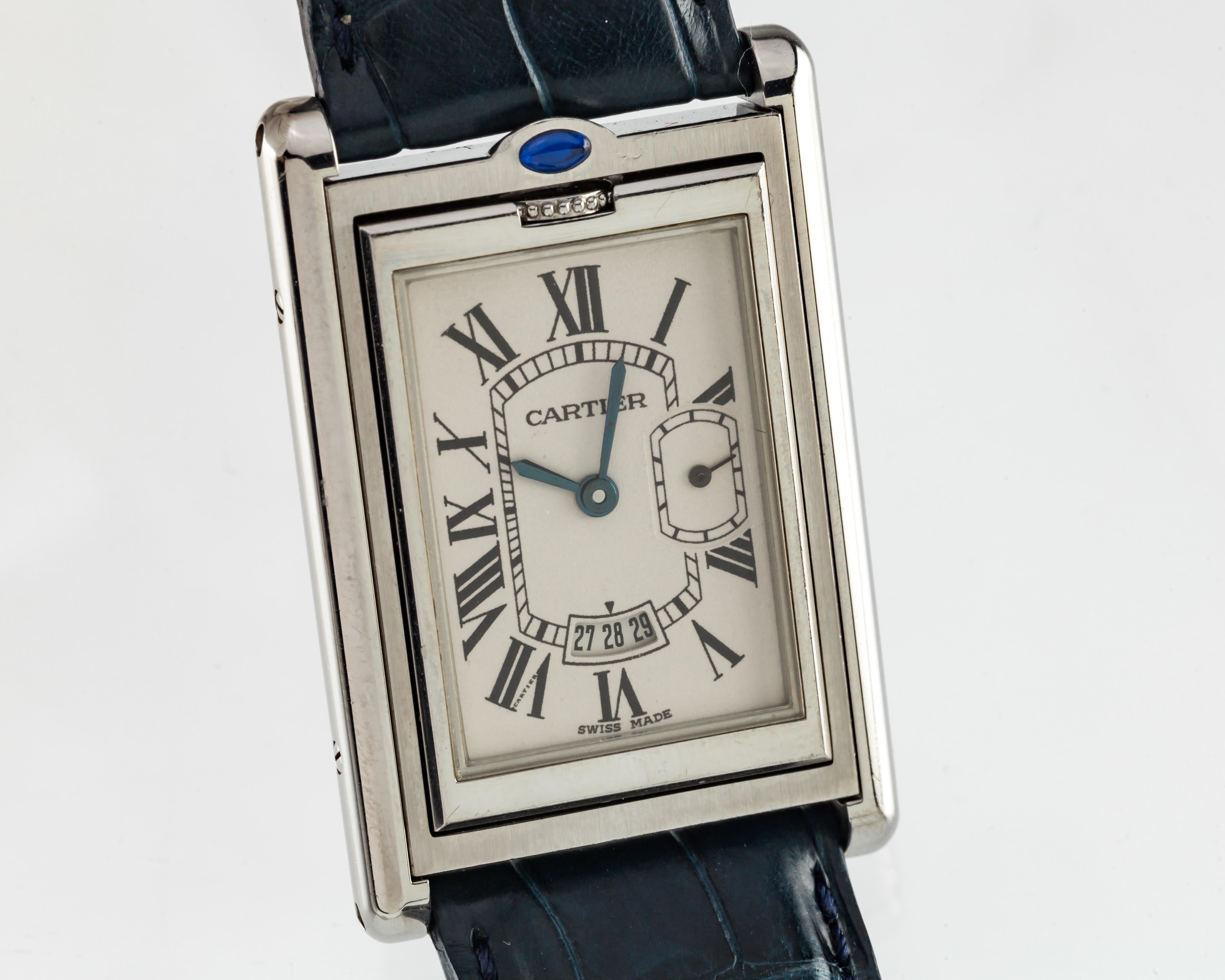 Cartier Stainless Steel Men's Reversible Basculante Quartz Watch 2522

Model: Basculante XL
Model #2522

Stainless Steel Reversible Rectangular Case
Watch can be flipped over (see photos for demonstration)
Width of Case = 26 mm
Length of Case = 33