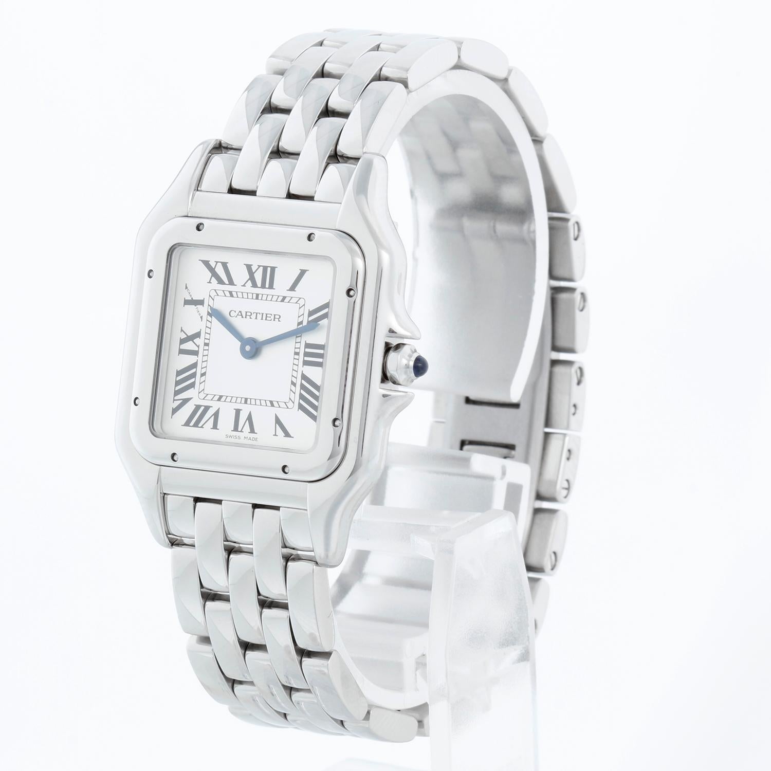 Cartier Stainless Steel  Midsize Panther WSPN0007 4016 - Quartz. Stainless Steel  ( 27 x 37 mm ). Silver dial with black roman numerals. Stainless steel bracelet; will fit up to a 6 1/4 inch wrist. Pre-owned with Cartier pouch and papers. Dated 2017.