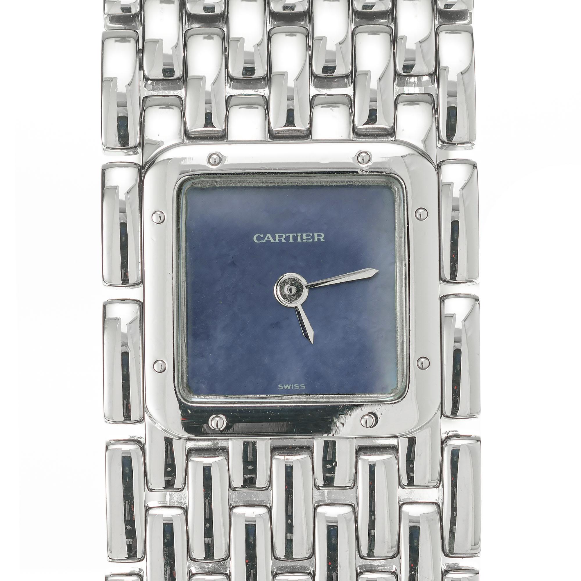 Cartier ladies Stainless Steel Ruban with blue mother of pearl dial and quartz. Cartier movement. Back set. 7 Inches in length- can be shortened 

75.3 grams
Length: 22mm
Width: 21mm
Band width at case: 21mm
Case thickness: 6.30mm
Band: Stainless