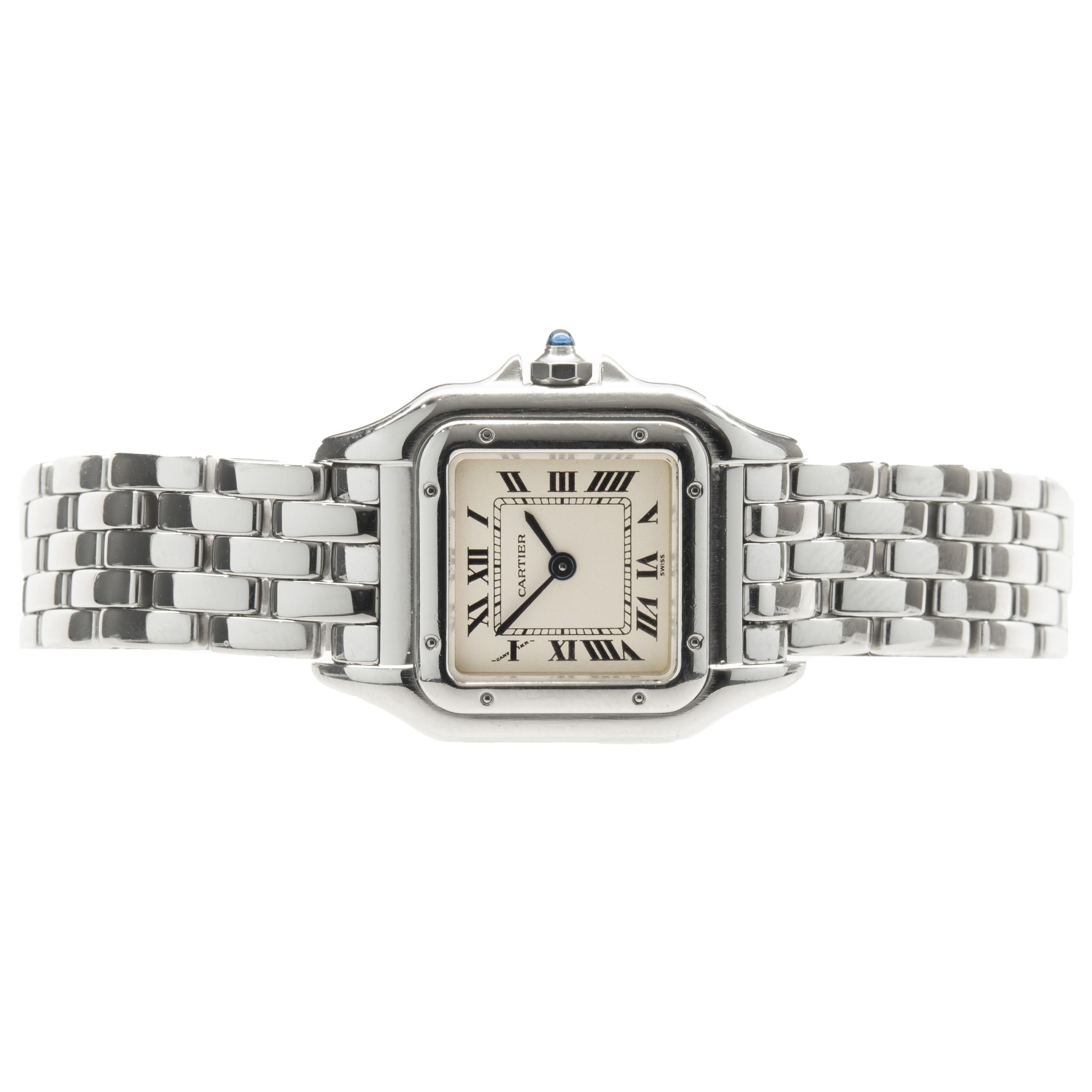 Movement: automatic
Function: hours, minutes, seconds
Case: 22mm stainless steel case, push pull crown, sapphire crystal
Dial: white roman dial, steel sword sweeping hands
Band: Cartier stainless steel panther bracelet, fold over butterfly