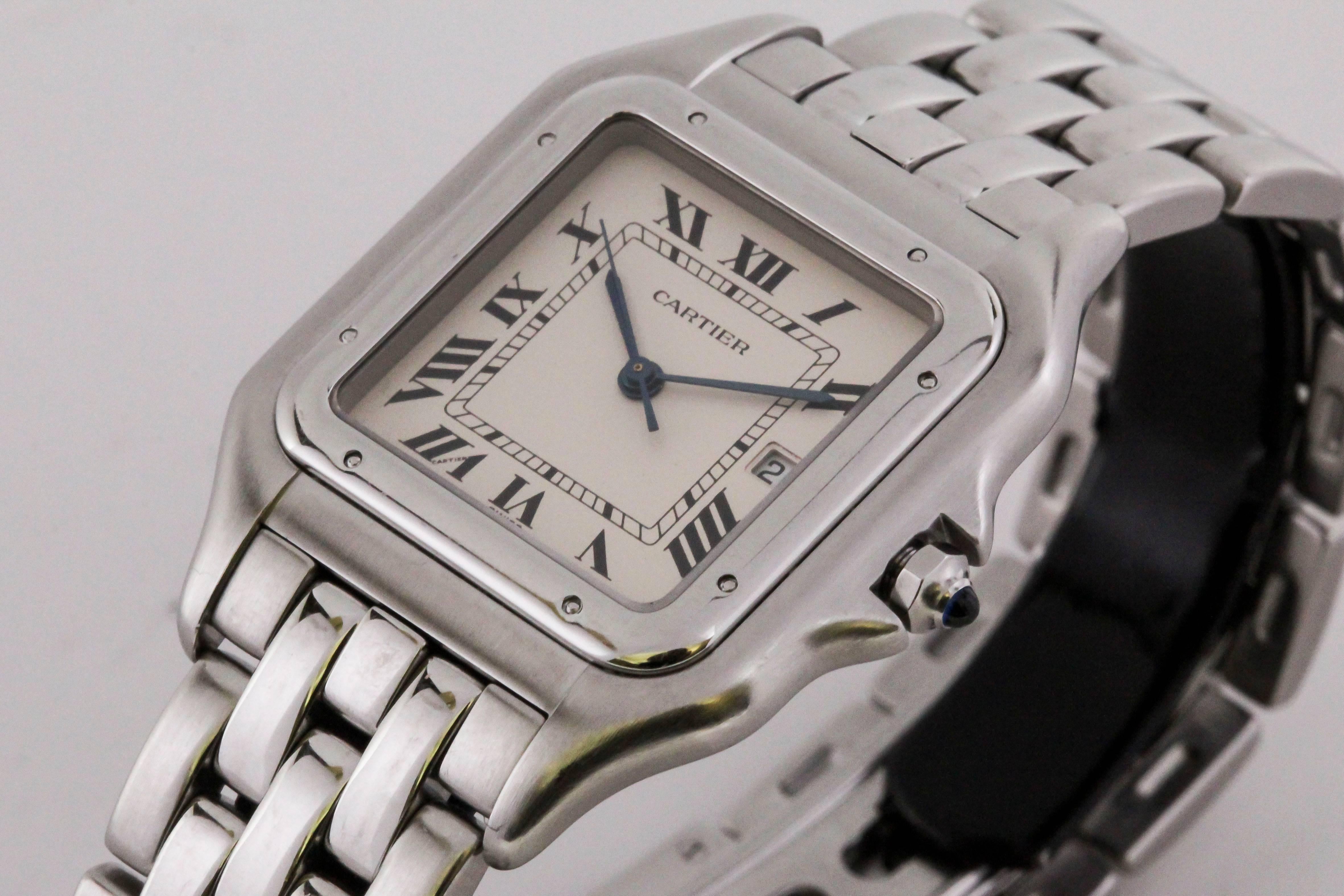 Iconic Cartier Panthere ref 1300 in stainless steel with integrated bracelet. Whether you have the small or this large size, the look and feel of this classic wristwatch makes this an easy watch for daily wear.