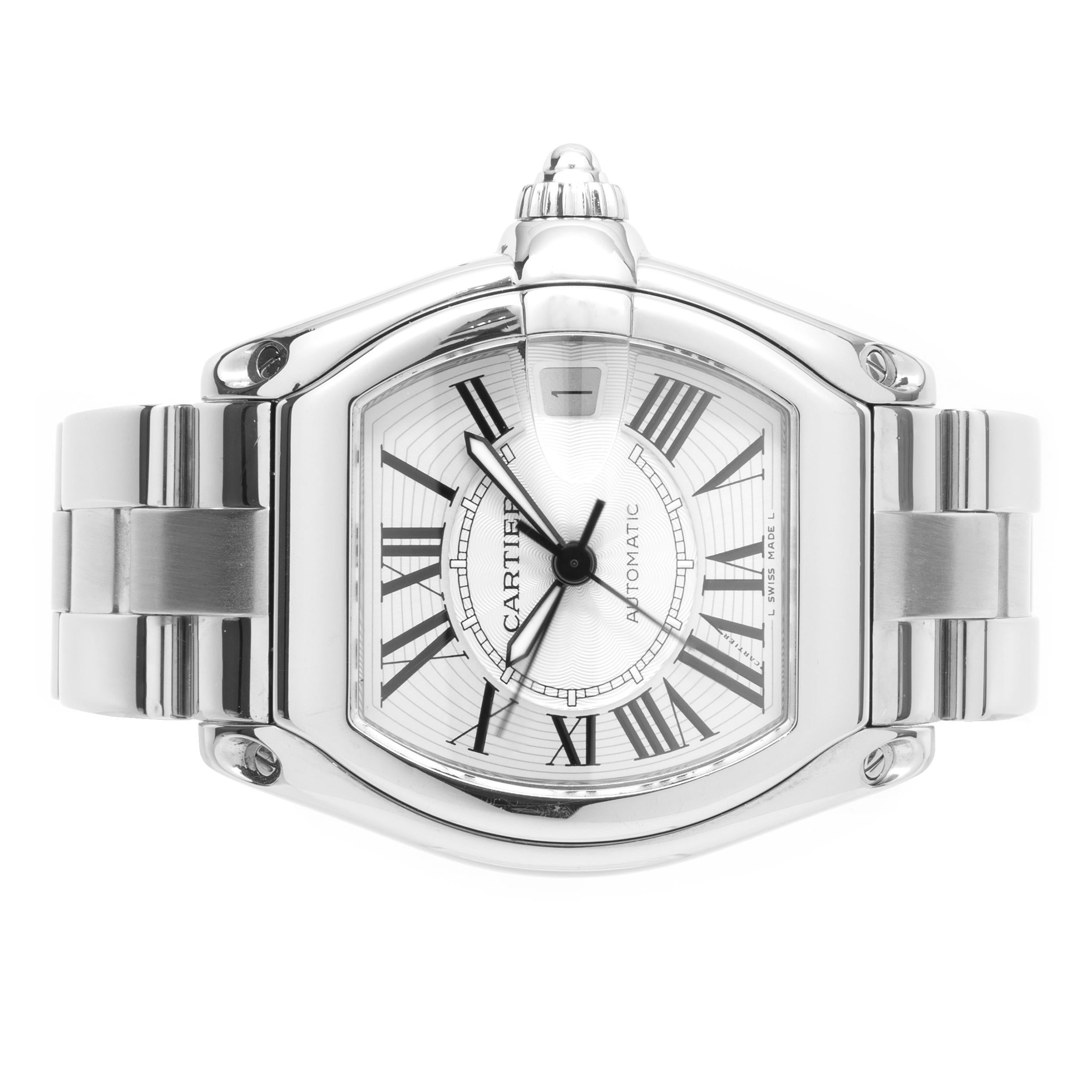 Movement: automatic
Function: hours, minutes, seconds, date
Case: 38mm oval case, push-pull crown, sapphire crystal, smooth bezel
Dial: silver dial, steel sword sweeping hands
Band: Cartier stainless steel roadster bracelet
Serial #: