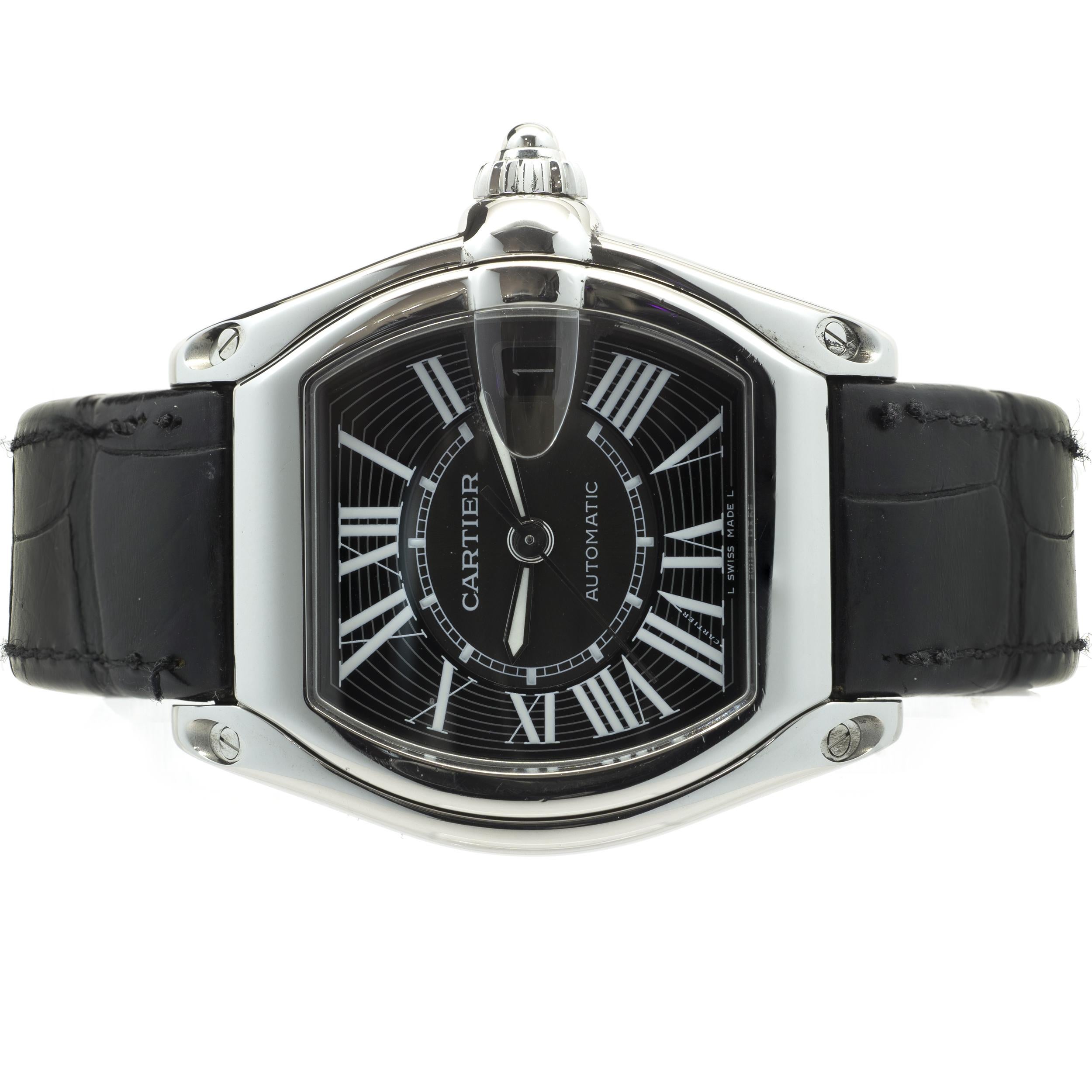 Movement: automatic
Function: hours, minutes
Case: 35mm stainless steel tonneau case, push pull crown, sapphire crystal
Dial: black dial, steel sword sweeping hands
Band: black Cartier crocodile strap, fold over clasp
Serial #: 57997XXX
Reference #: