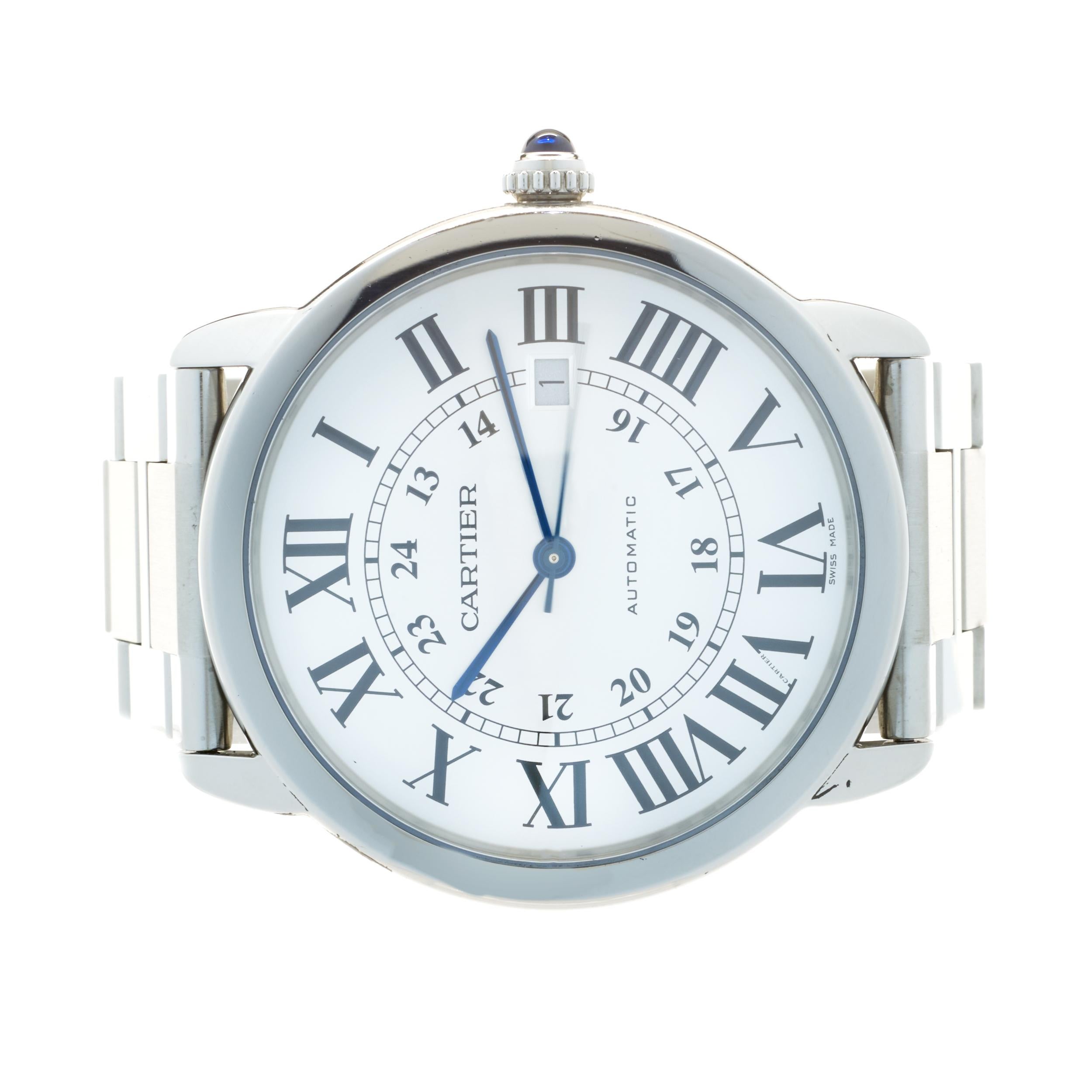 Movement: automatic
Function: hours, minutes, seconds, date
Case: 42mm stainless steel round case, push pull crown, sapphire crystal
Dial: silver roman dial, blue sword sweeping hands
Band: stainless steel Cartier bracelet, fold over clasp
Serial #: