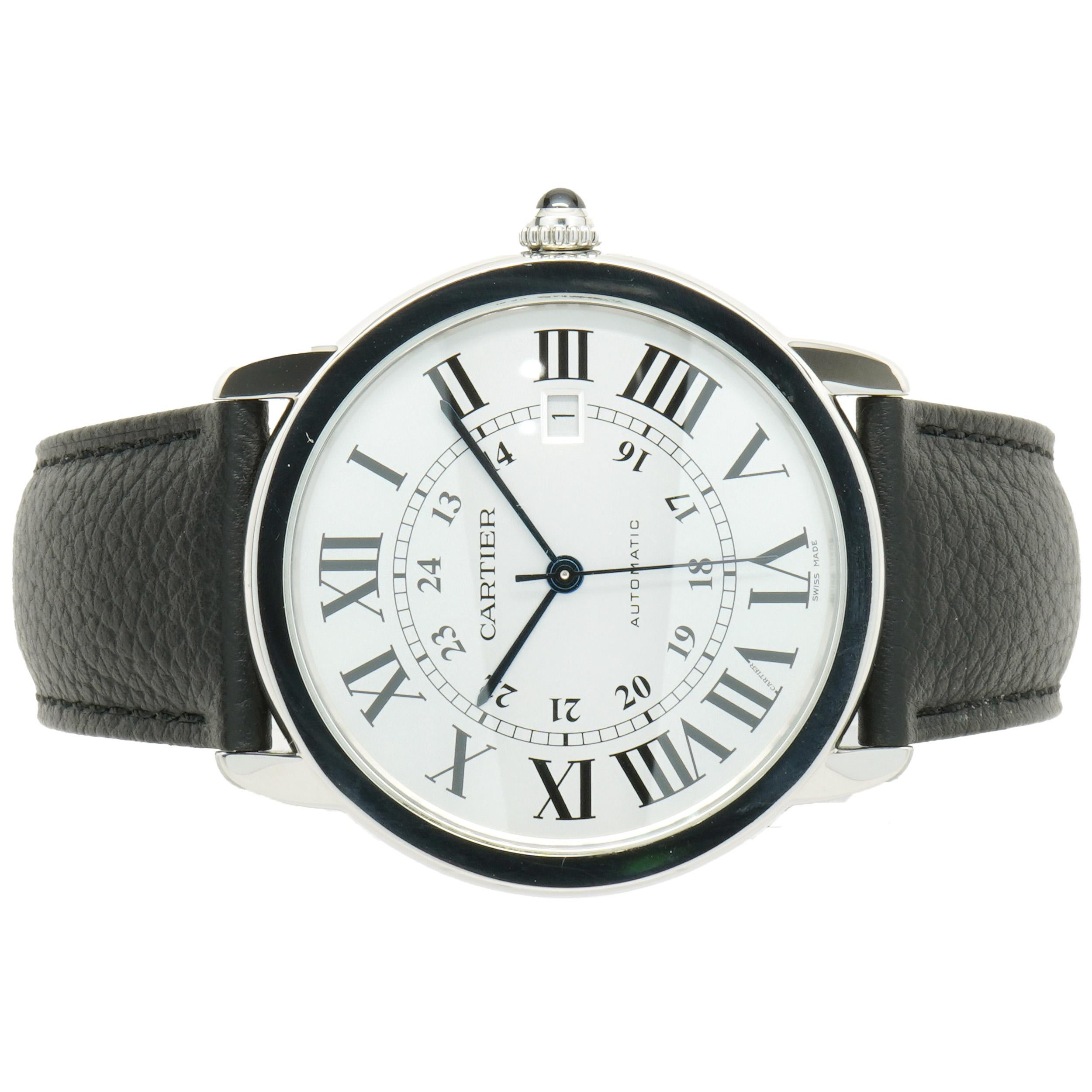 Movement: automatic
Function: hours, minutes, seconds, date
Case: 42mm stainless steel round case 
Dial: white roman dial
Band: Cartier black leather strap, deployment clasp
Serial #: 27285XXX
Reference # 3802

No box or papers included
