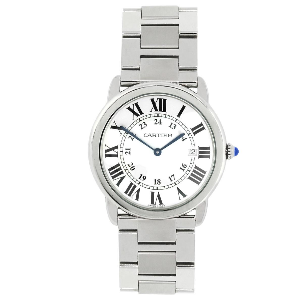 Brand: Cartier
MPN: 3603
Model: Ronde Solo
Case Material: Stainless steel
Case Diameter: 36mm
Crystal: Sapphire crystal
Bezel: Stainless steel
Dial: White roman numeral dial
Bracelet: Stainless steel
Size: Will fit a 6″ wrist 
Clasp: Fold over