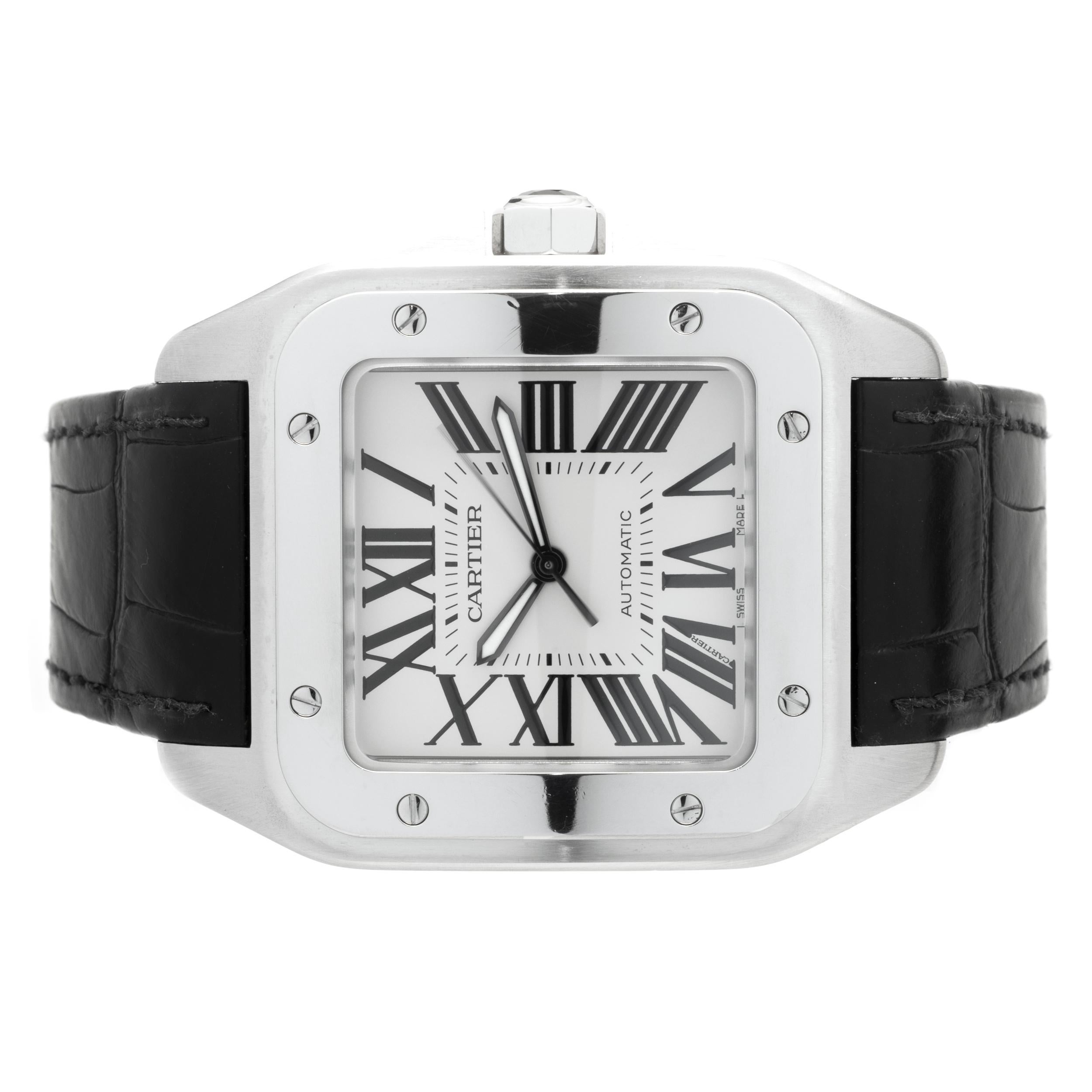 Movement: automatic
Function: hours, minutes, seconds, date
Case: 41mm stainless steel rectangle case, push-pull crown, sapphire crystal, 
Dial: silver roman dial, steel sword sweeping hands
Band: black leather Cartier panther bracelet, fold-over
