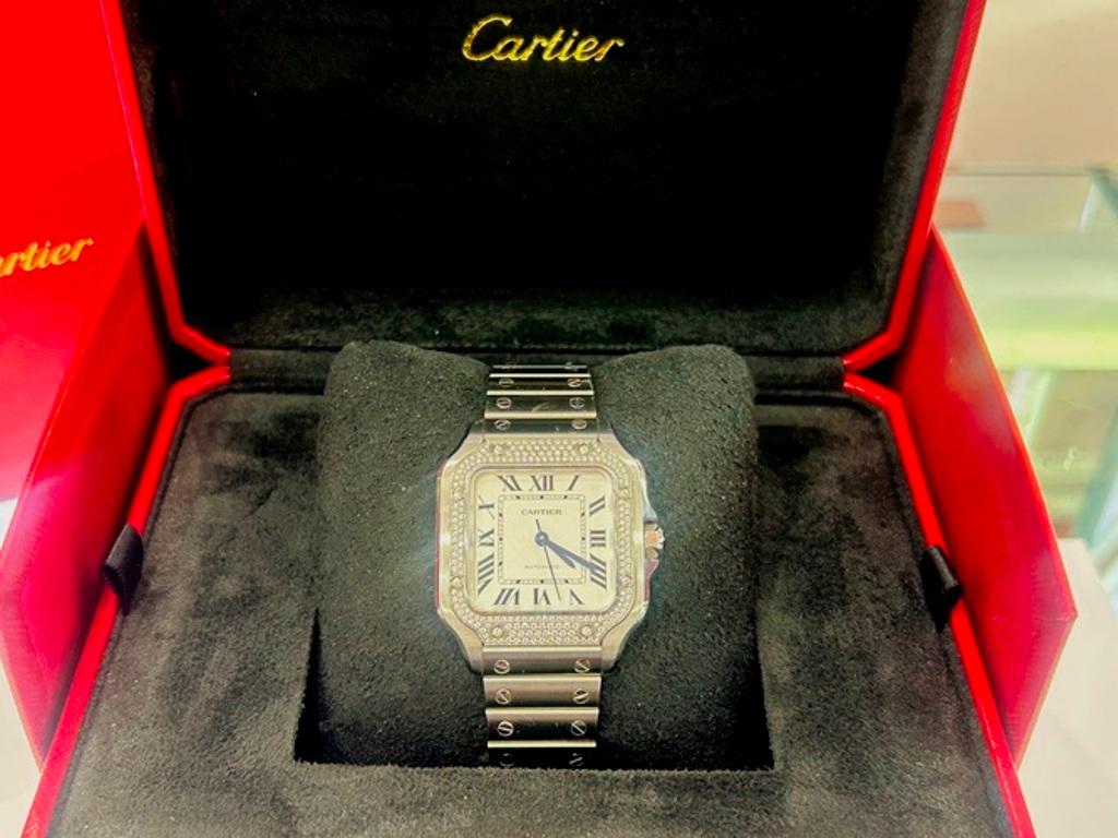 Cartier Stainless Steel Santos De Cartier Watch Pave Bezel Medium Model B&P For Sale 5
