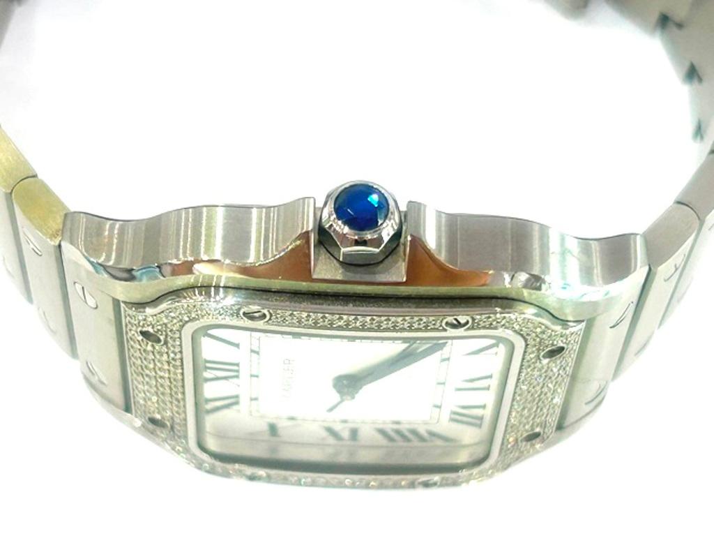 Cartier Stainless Steel Santos De Cartier Watch Pave Bezel Medium Model B&P In Good Condition For Sale In Beverly Hills, CA
