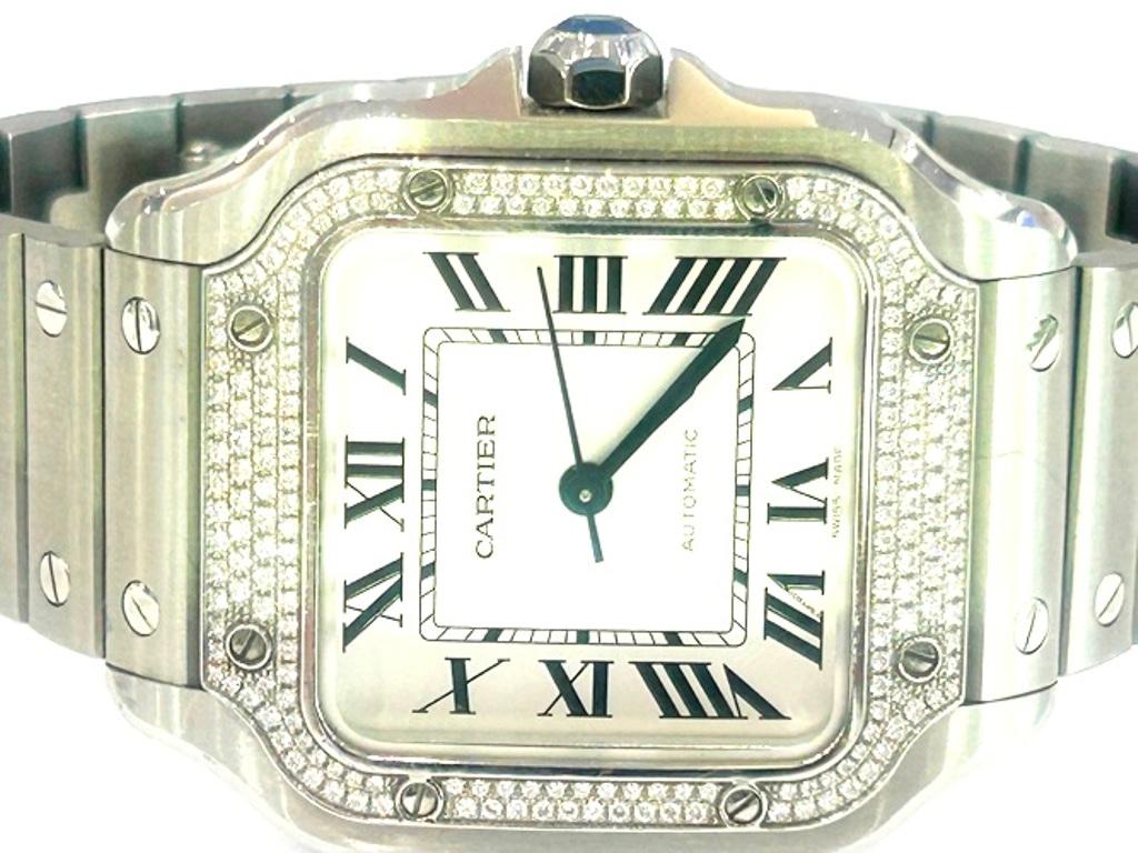Men's Cartier Stainless Steel Santos De Cartier Watch Pave Bezel Medium Model B&P For Sale